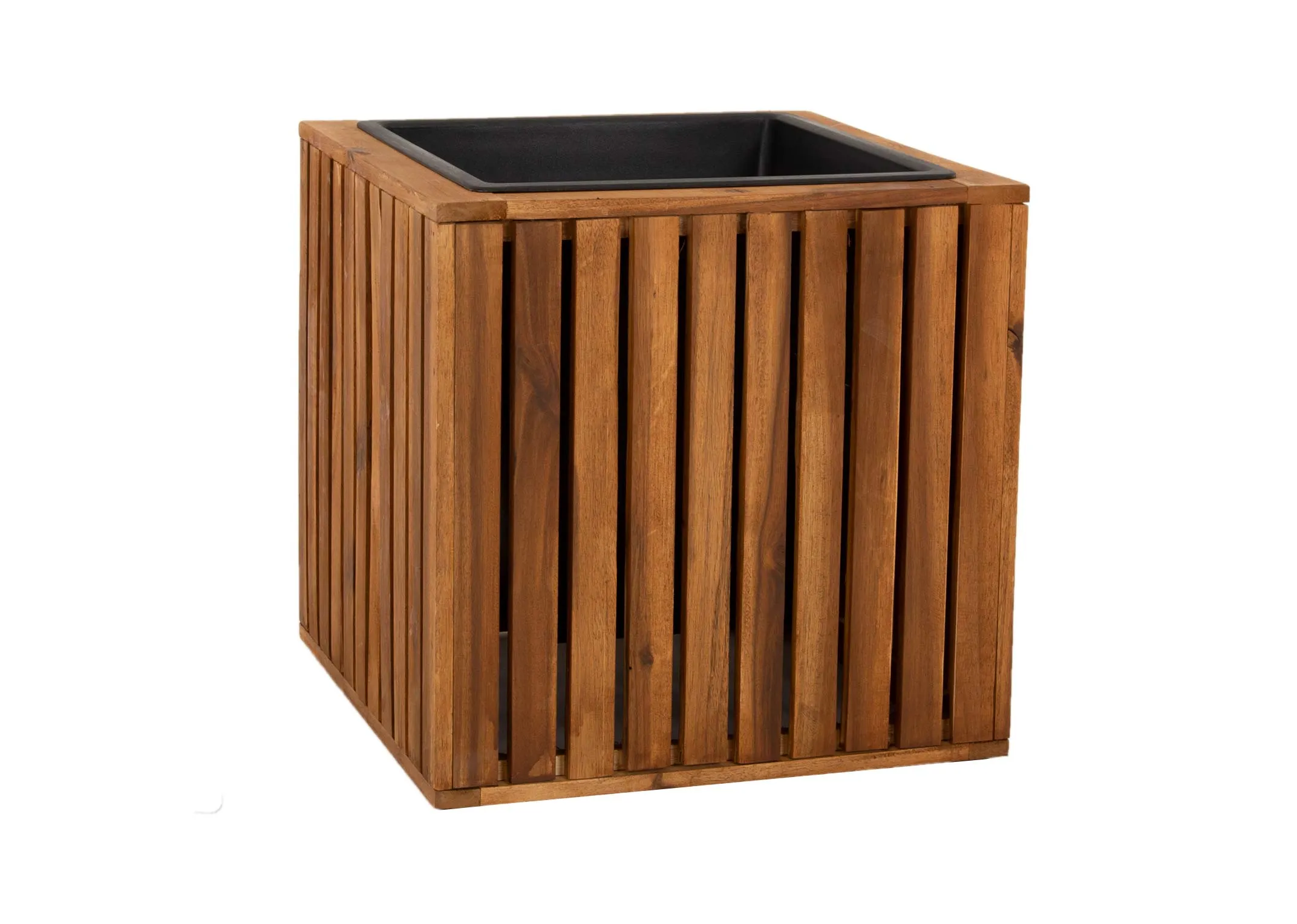 A brown slat wood rectangular planter from EZ Livings Santa Cruz range. Angled view of acacia wood effect slats