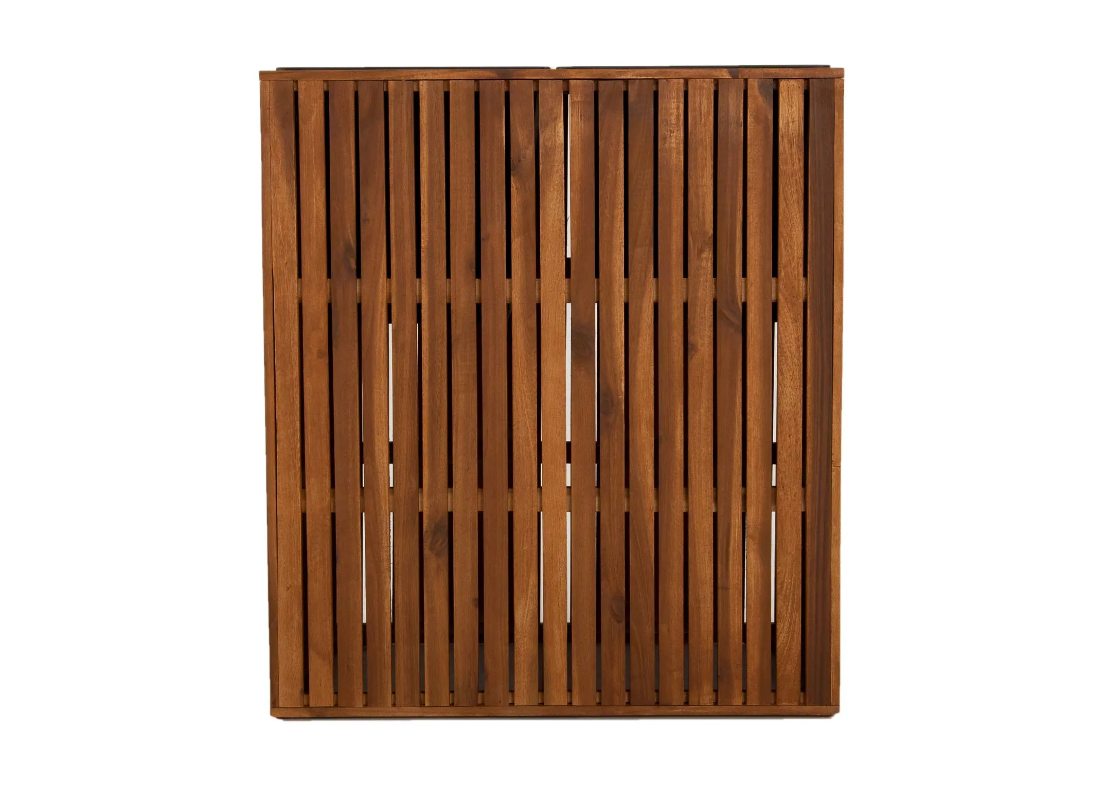 A brown slat wood rectangular planter from EZ Livings Santa Cruz range. Front view of acacia wood effect slats