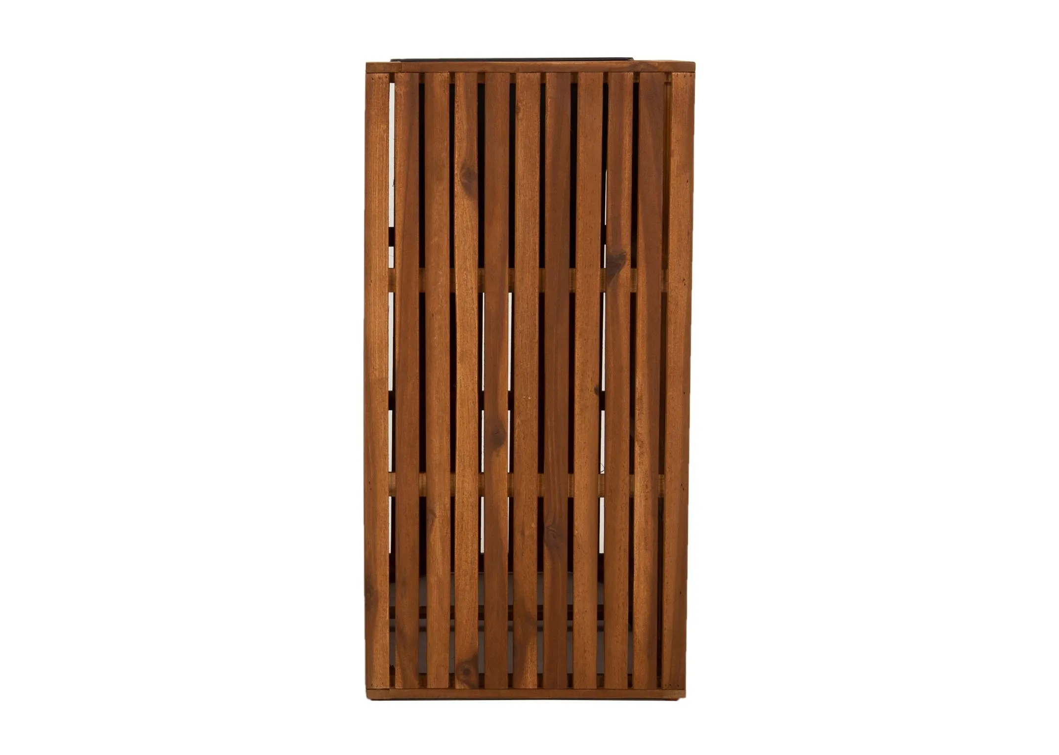 A brown slat wood rectangular planter from EZ Livings Santa Cruz range. Side view of rectangular pot