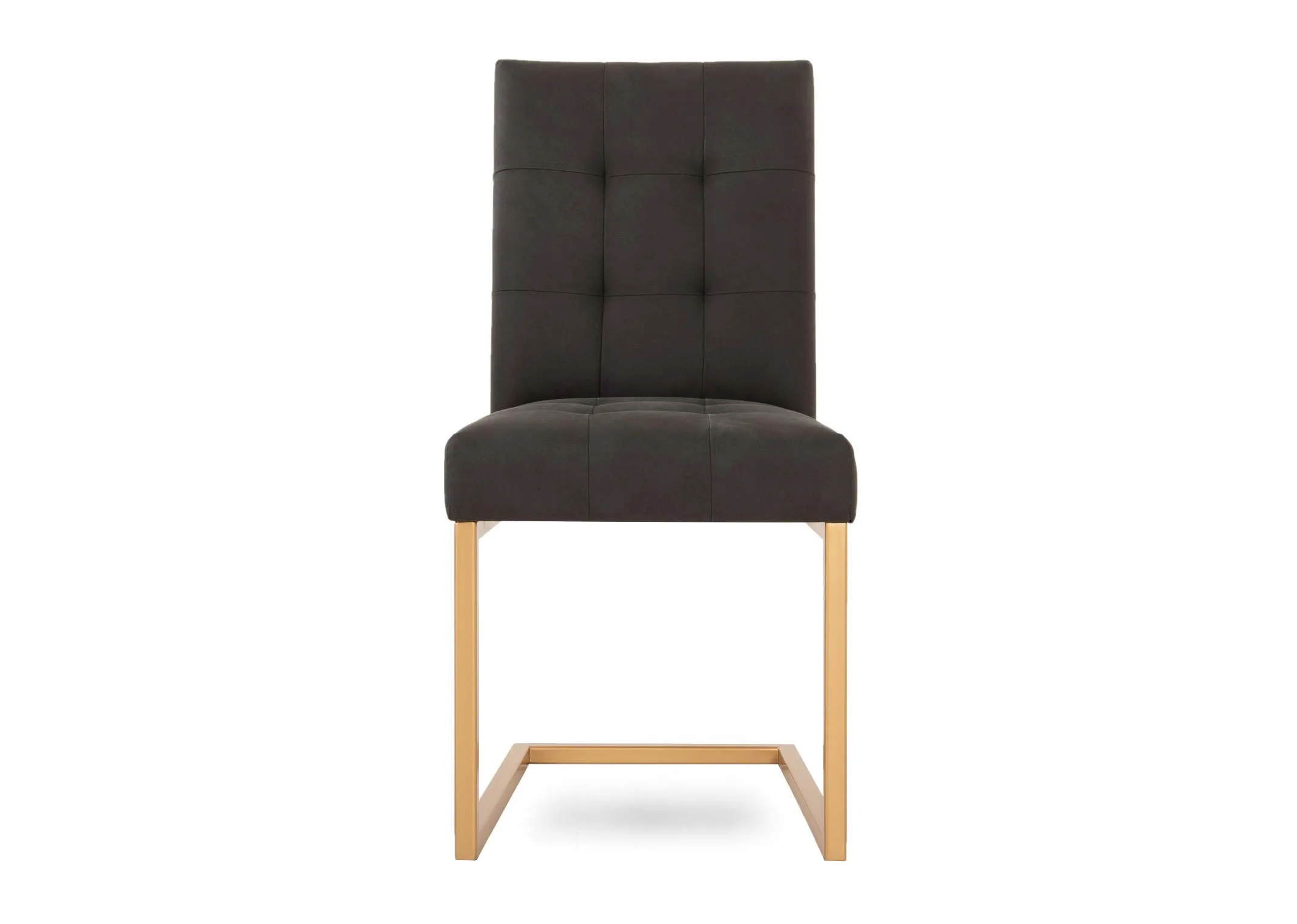 A gold metal cantilever dining chair with black fabric seat and back from EZ Livings Greenwich range. Front view of tufted seat back.