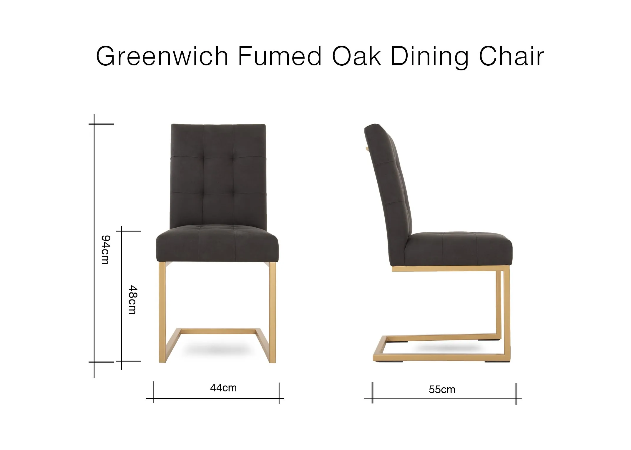 A dimension image of the Greenwich Black Fabric Dining chair with 44cm x 55cm x 94cm
