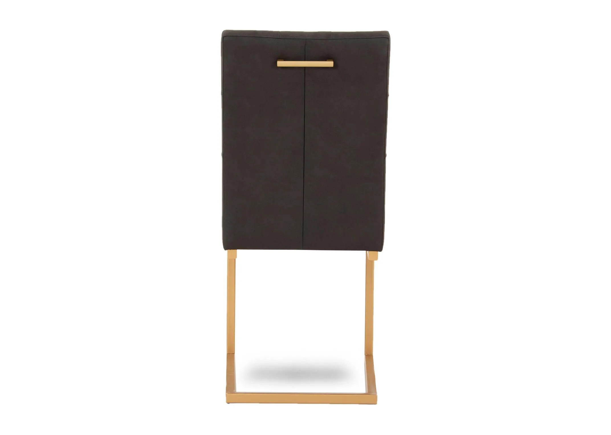 A gold metal cantilever dining chair with black fabric seat and back from EZ Livings Greenwich range. Back detail of seat showing gold handle
