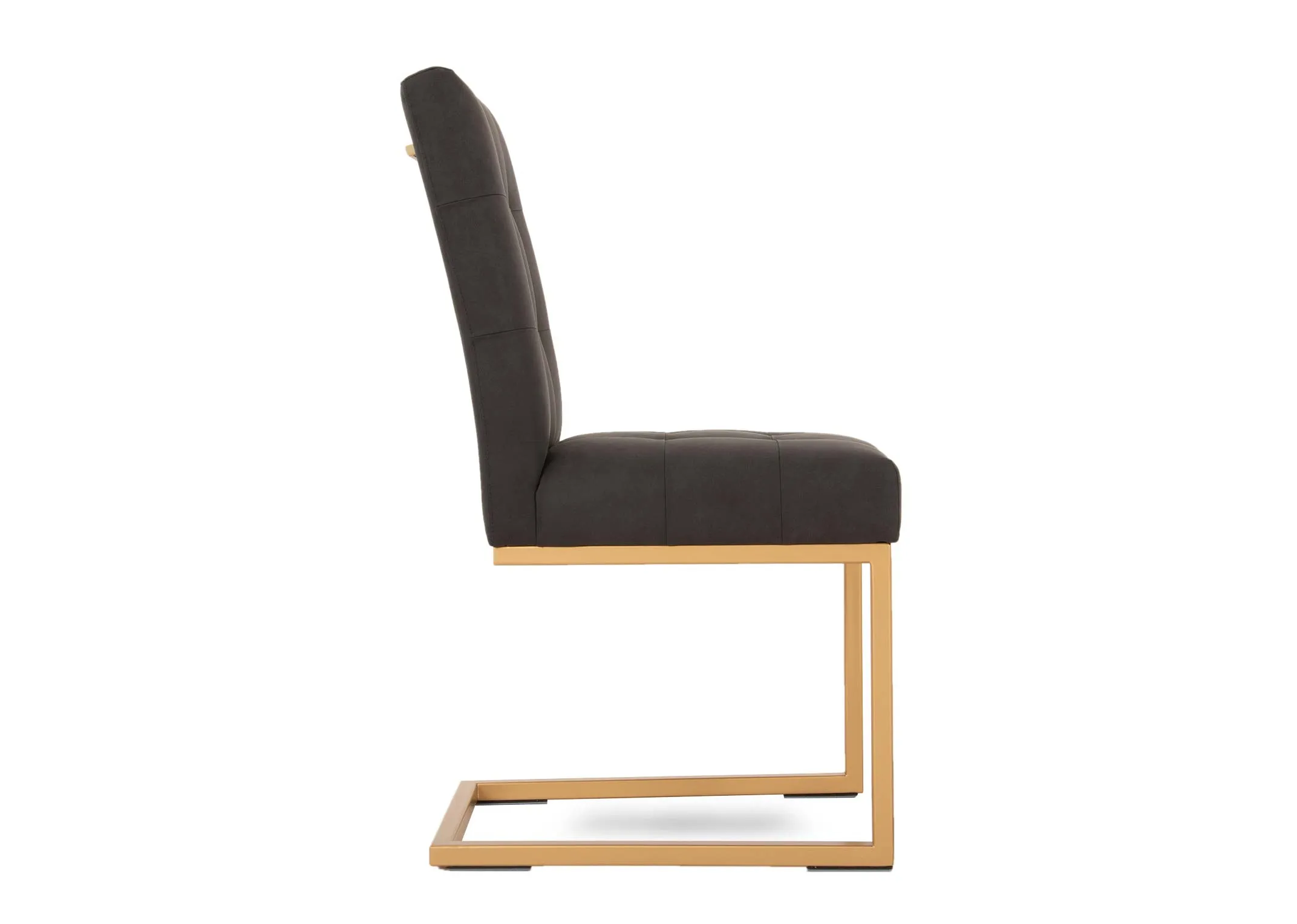 A gold metal cantilever dining chair with black fabric seat and back from EZ Livings Greenwich range. Side view of gold frame on one side