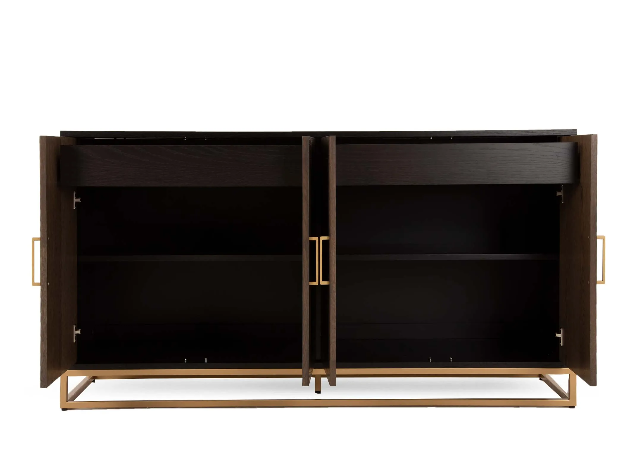 A dark oak 4 door sideboard with gold metal base from EZ Livings Greenwich range. Front view of sideboard with 4 doors open showing 4 shelves.