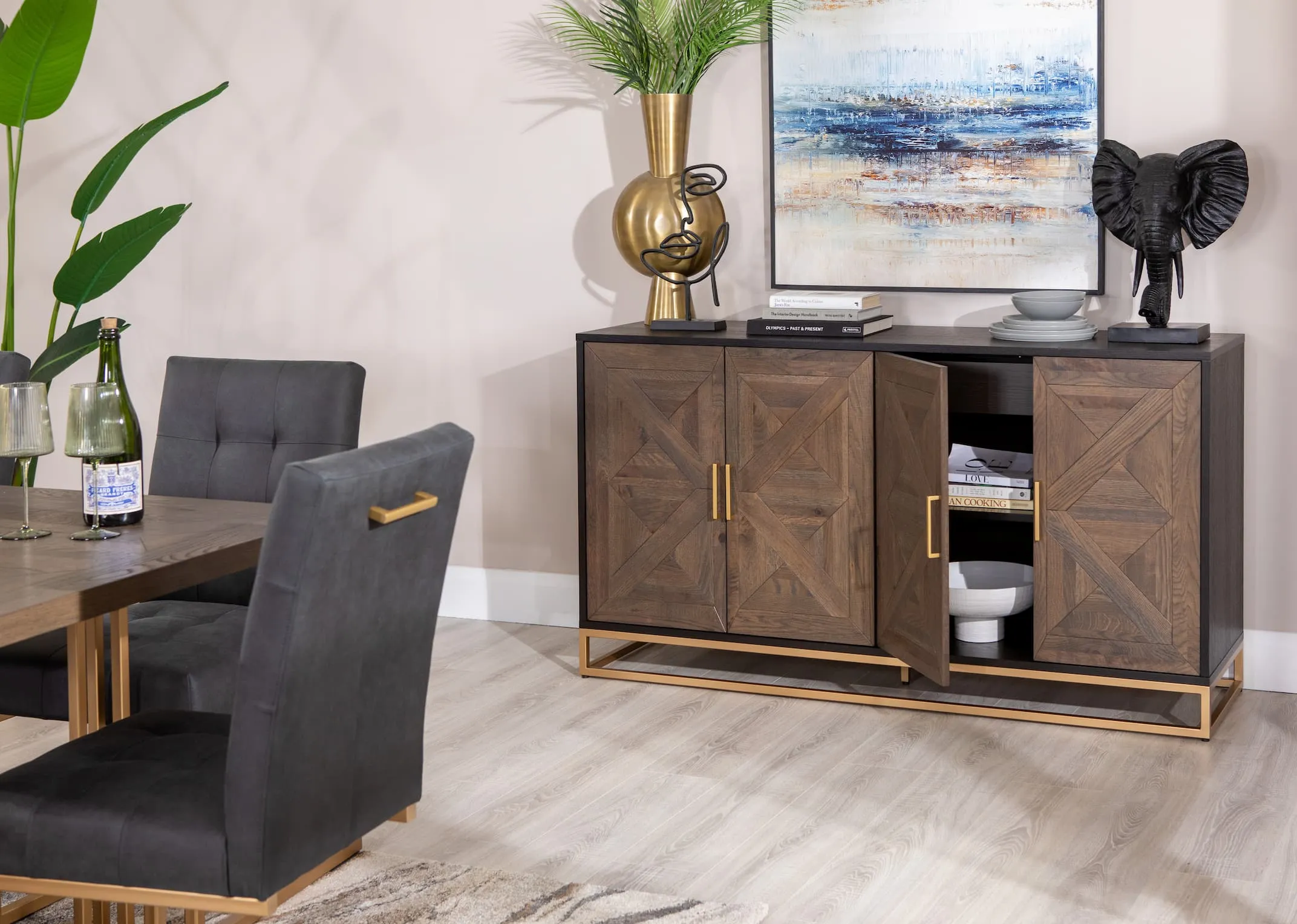 4 Door Dark Oak & Gold Metal Sideboard - Greenwich