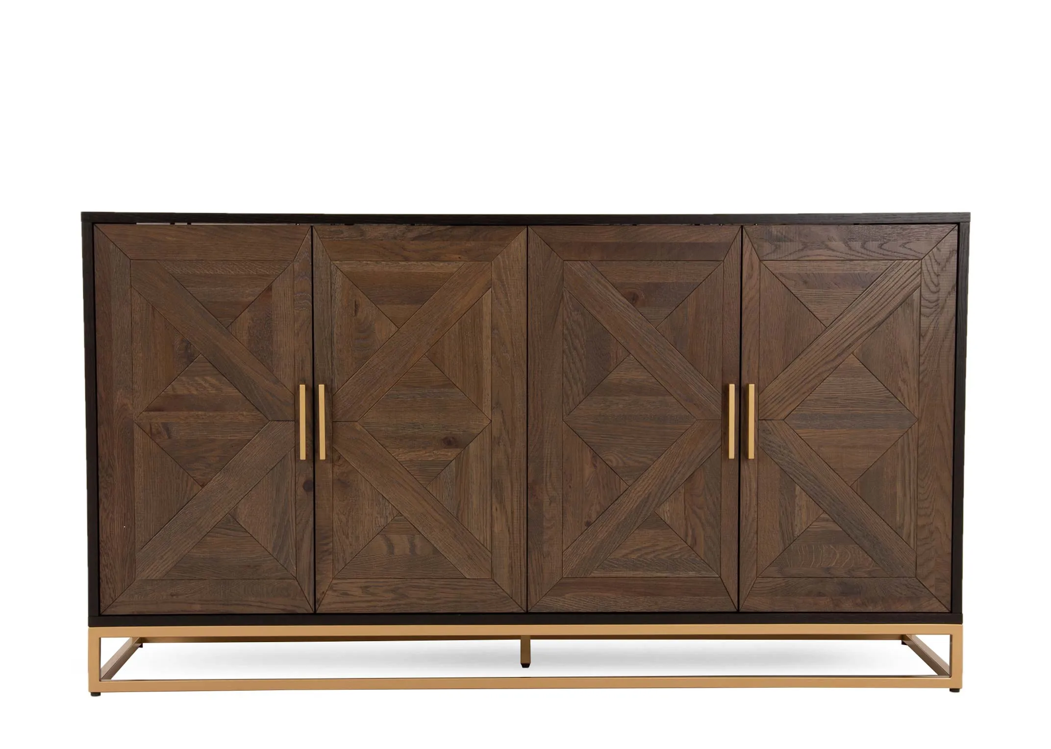 A dark oak 4 door sideboard with gold metal base from EZ Livings Greenwich range. Front view of doors closed showing 4 gold handles and wood chevron detail on doors