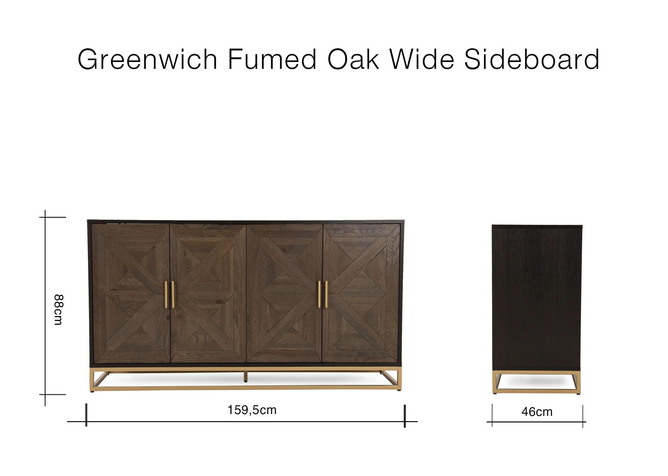 A dimension image of the Greenwich Sideboard with 159.5cm x 46cm x 66cm