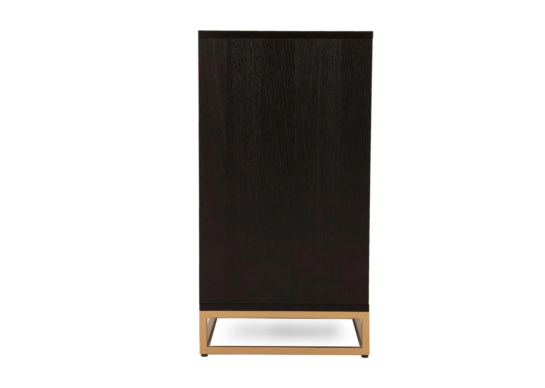 A dark oak 4 door sideboard with gold metal base from EZ Livings Greenwich range. Side view of dark wood finish