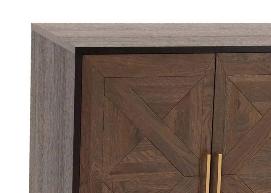 A dark oak 4 door sideboard with gold metal base from EZ Livings Greenwich range. Closeup of door detail