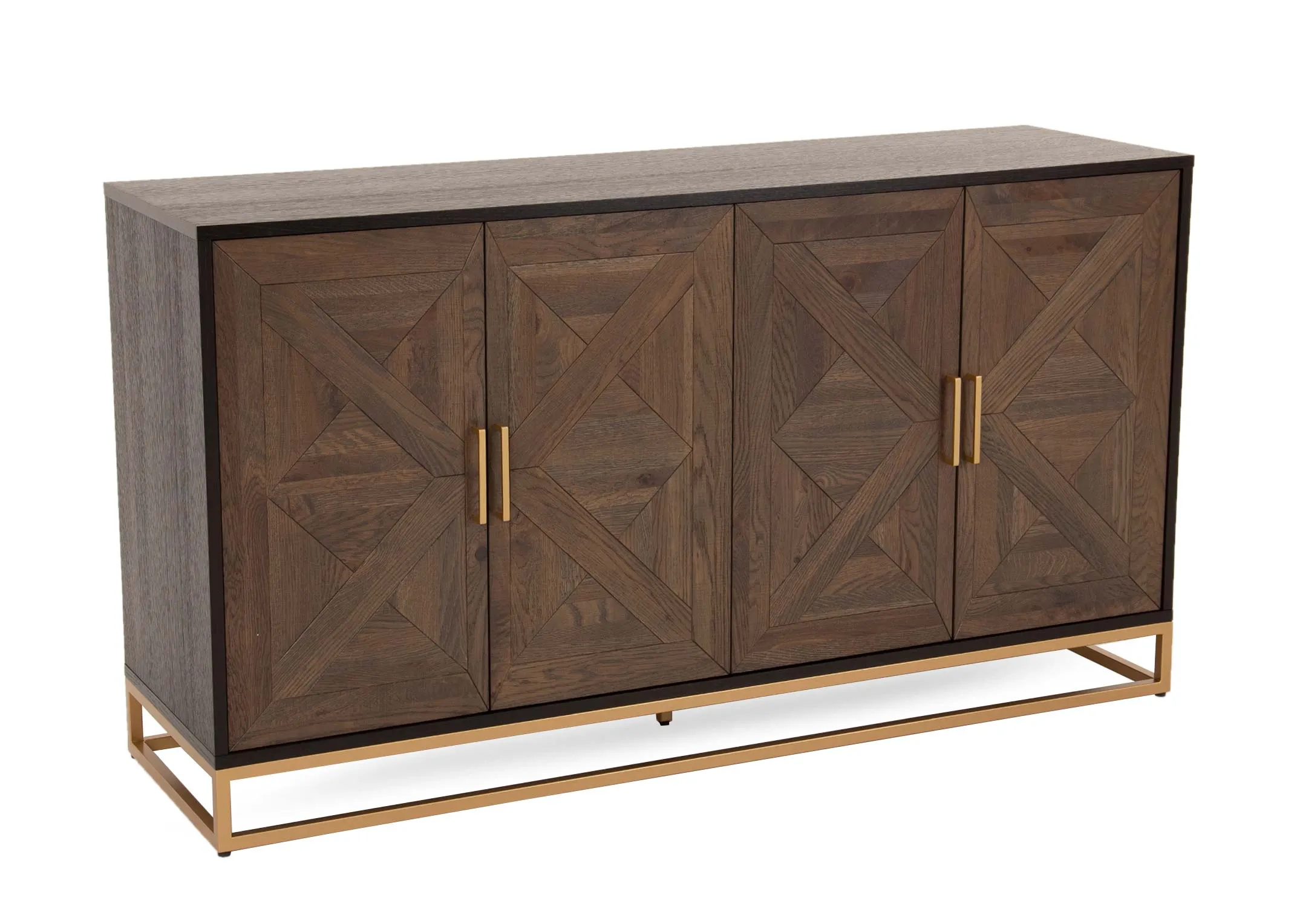 A dark oak 4 door sideboard with gold metal base from EZ Livings Greenwich range.