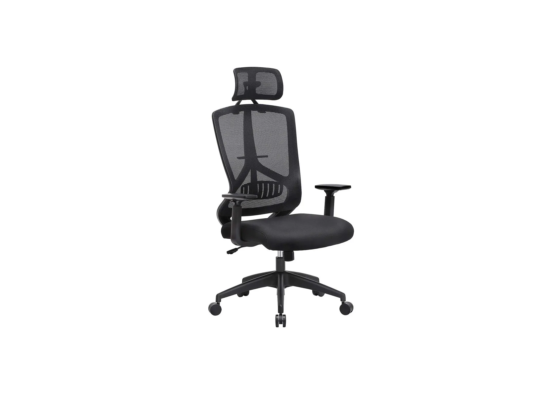 A black office chair from EZ Livings Redford range. Angled view of the adjustable headrest