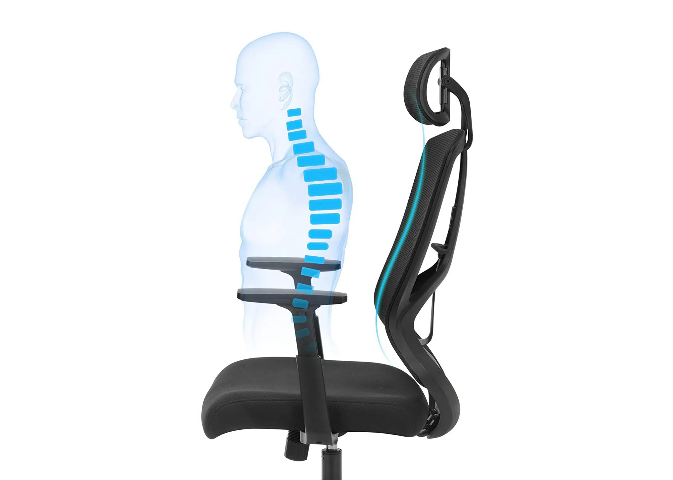 A black office chair from EZ Livings Redford range. Closeup of the tilted lumbar support function