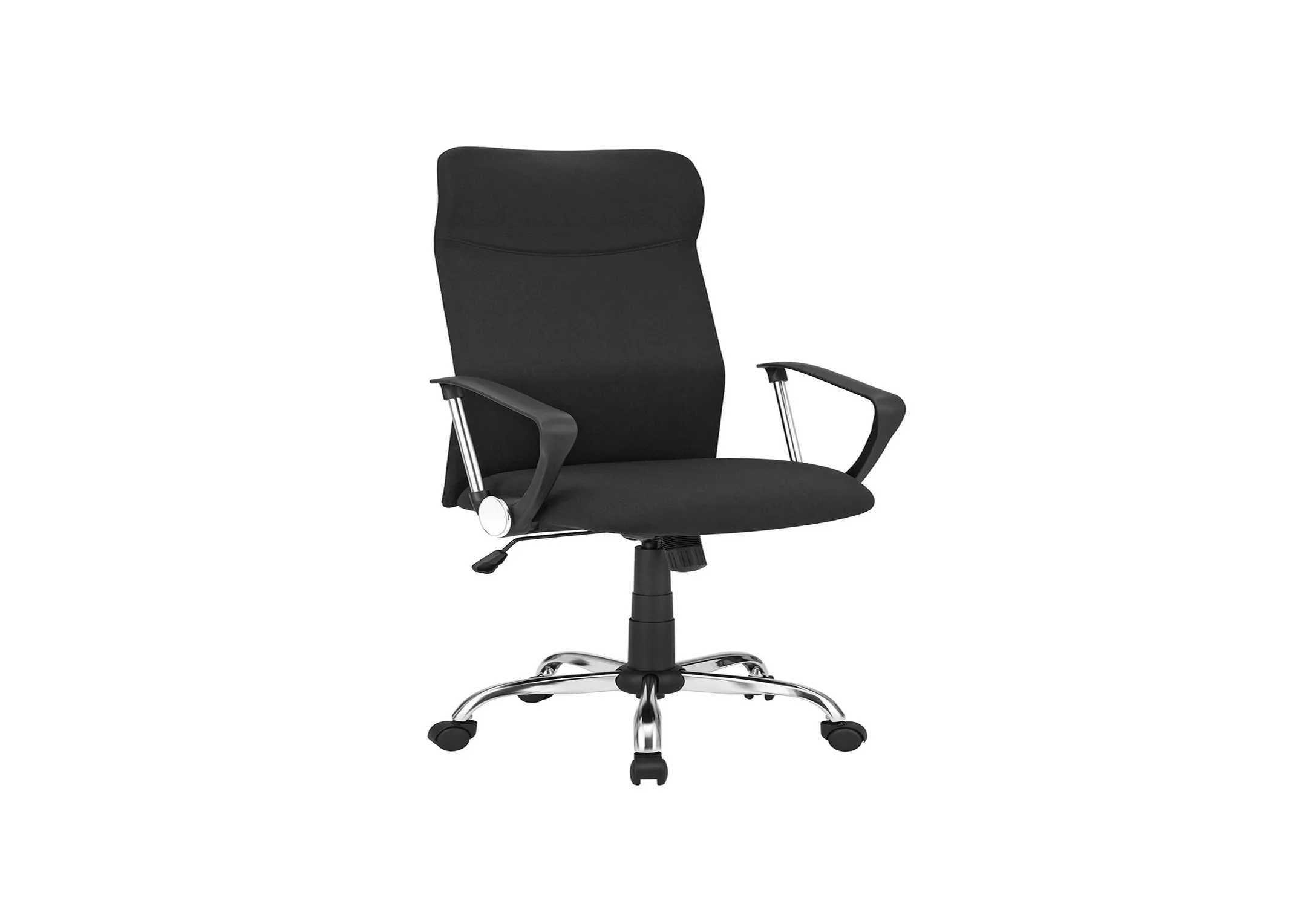 A black office swivel chair from EZ Livings Wells range. Angled view of padded seat and back.
