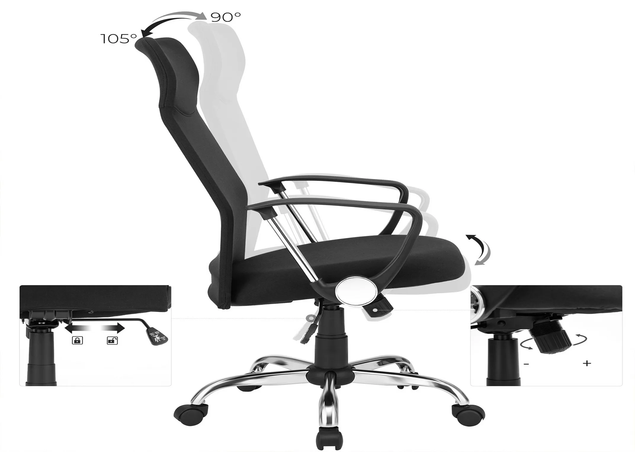 A black office swivel chair from EZ Livings Wells range. Closeup of tilted ergonomic function