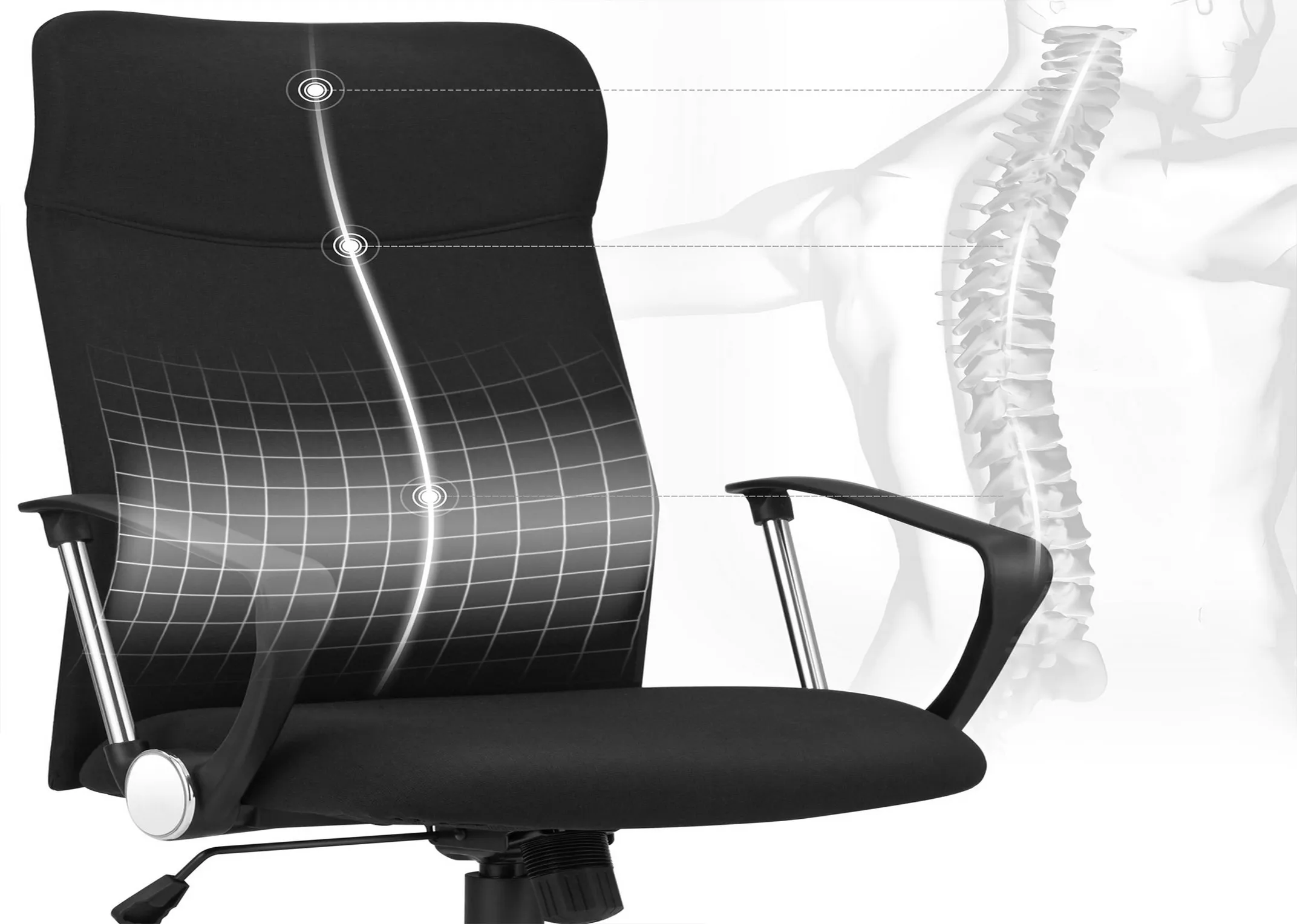 A black office swivel chair from EZ Livings Wells range. Detail of lumbar support function