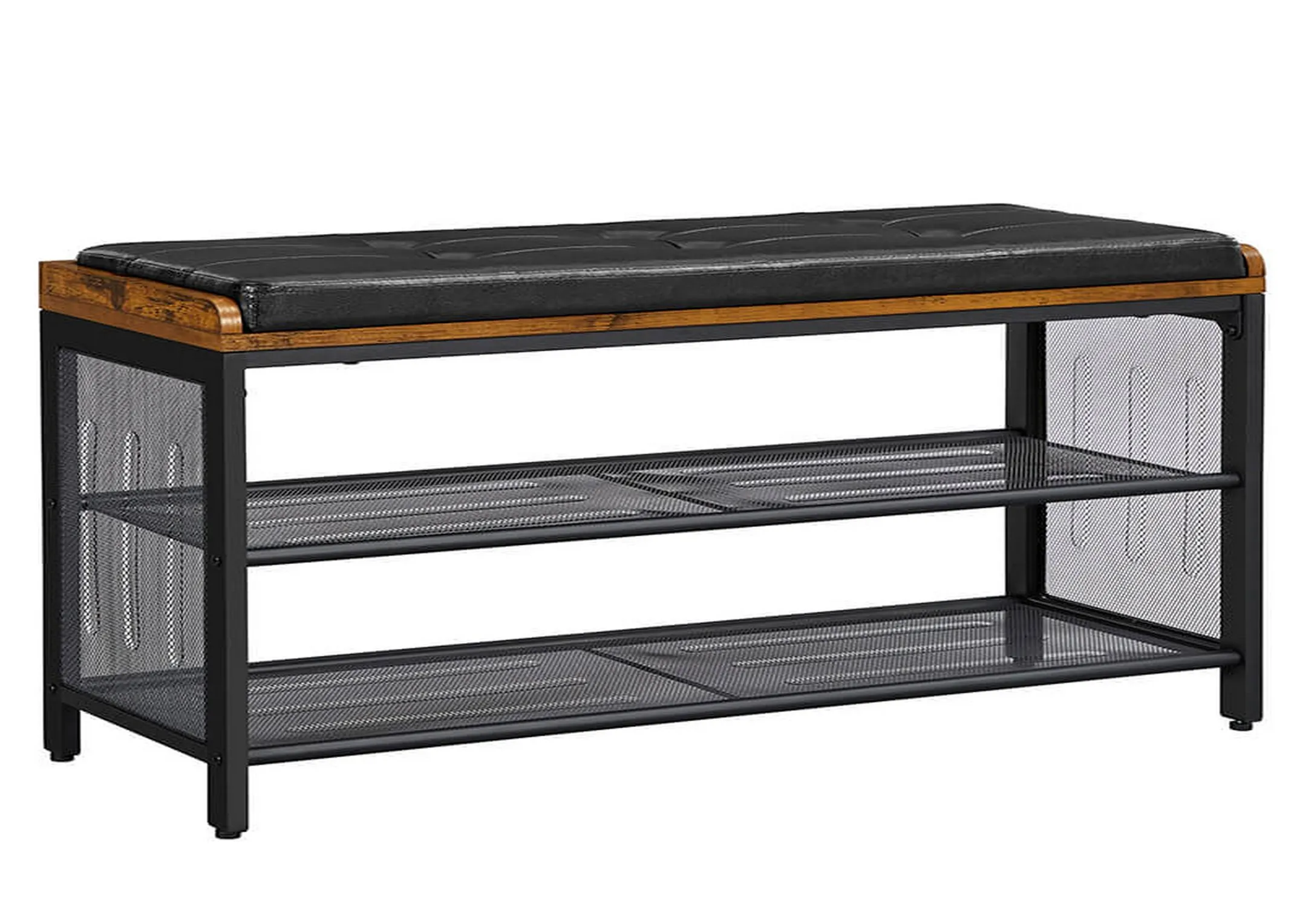 A 2 shelf metal show bench with black faux leather & wood seat from EZ Livings Taos range. Angled view