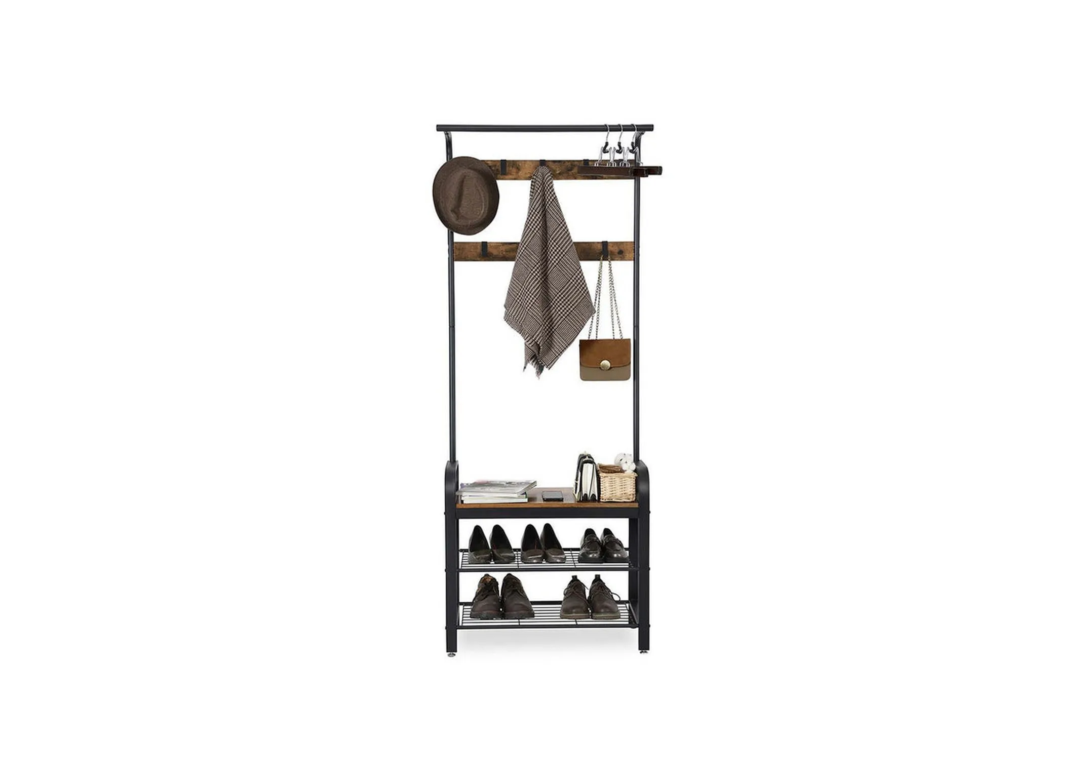 A greige & black metal coat stand from EZ Livings Barrow range. Front view of 2 mesh shelves filled with shoes