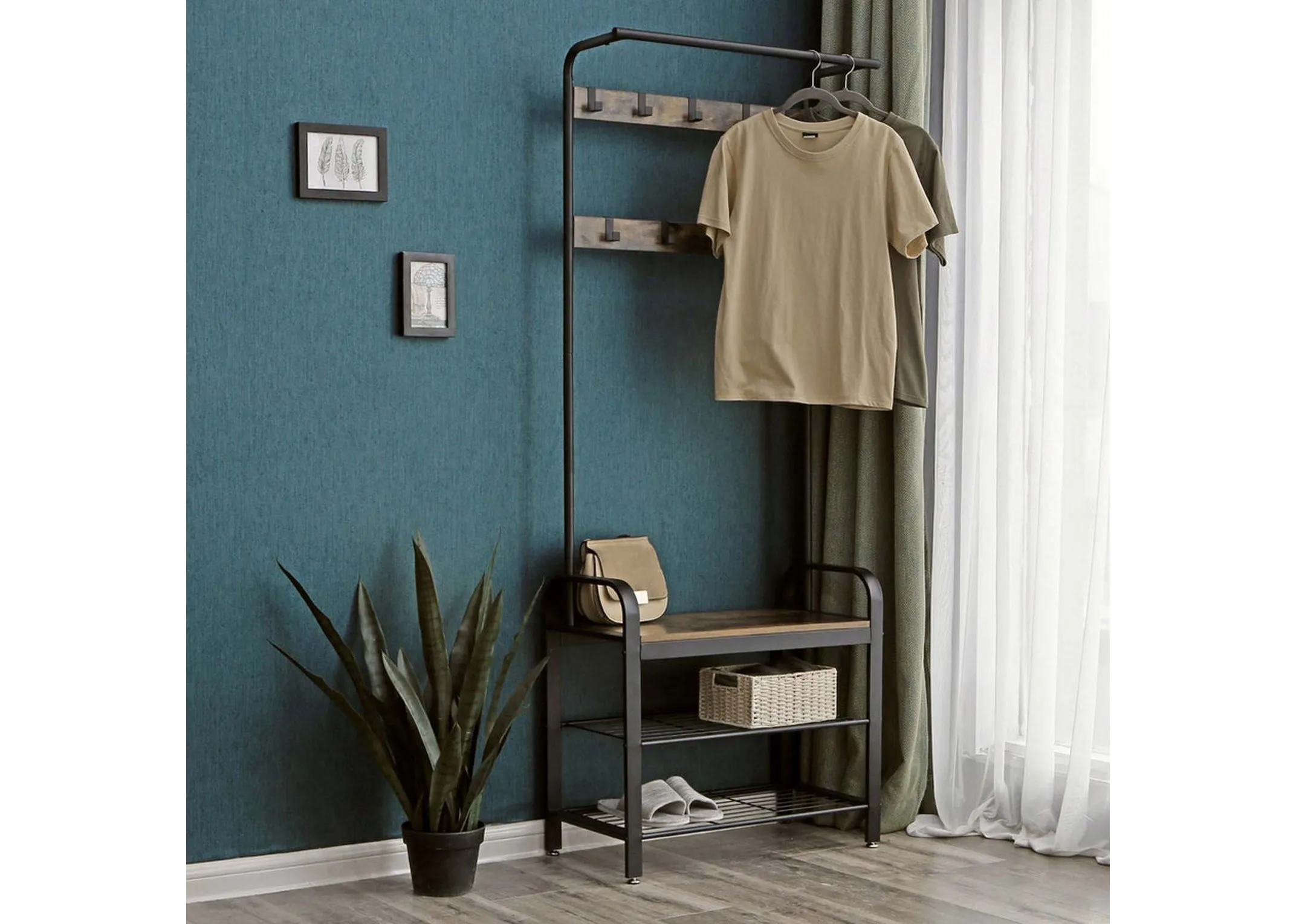 baskets and handbag and overhead rail used to hang clothes.