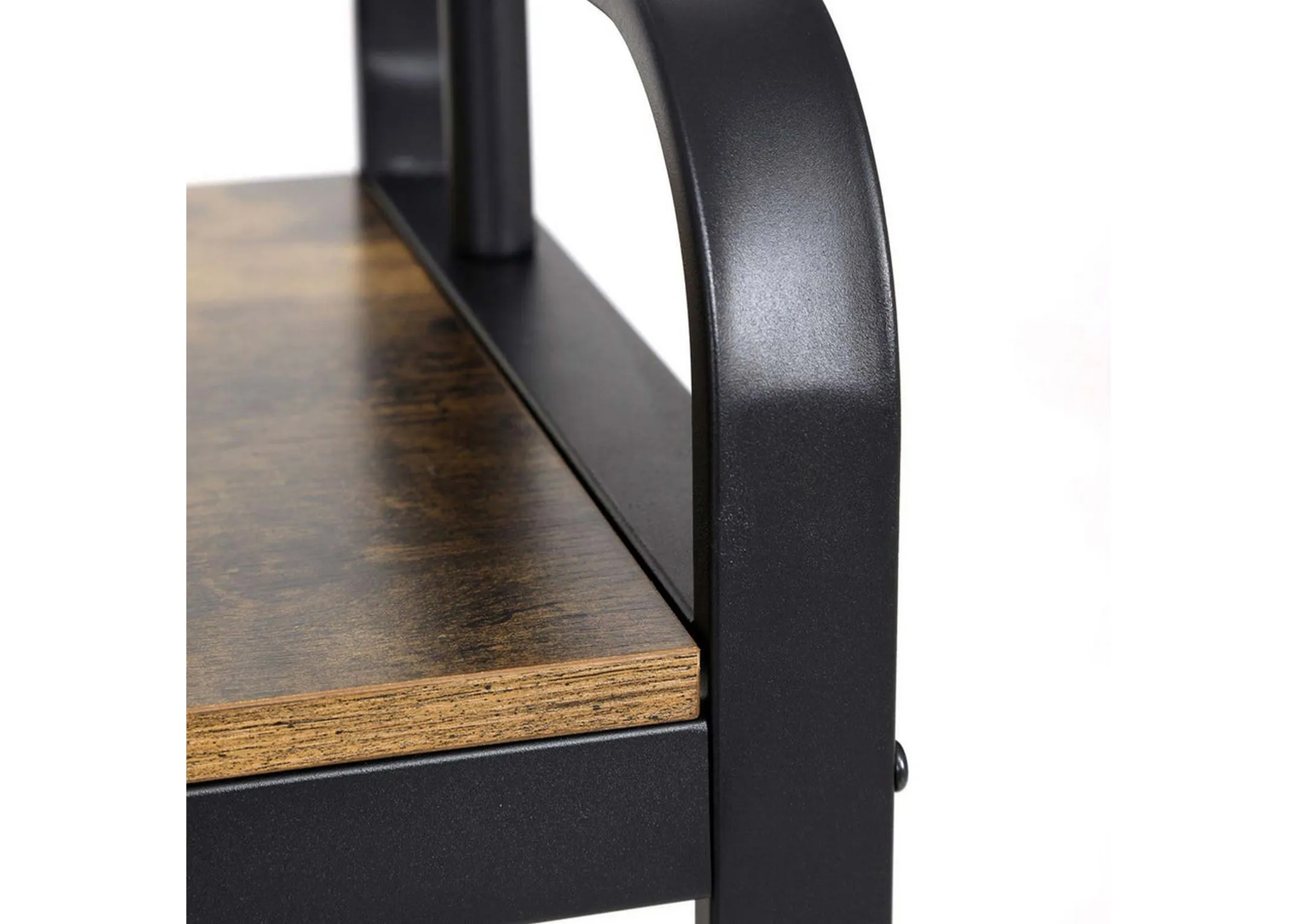 A greige & black metal coat stand from EZ Livings Barrow range. Angled view of 2 mesh shelves & 10 hooks.