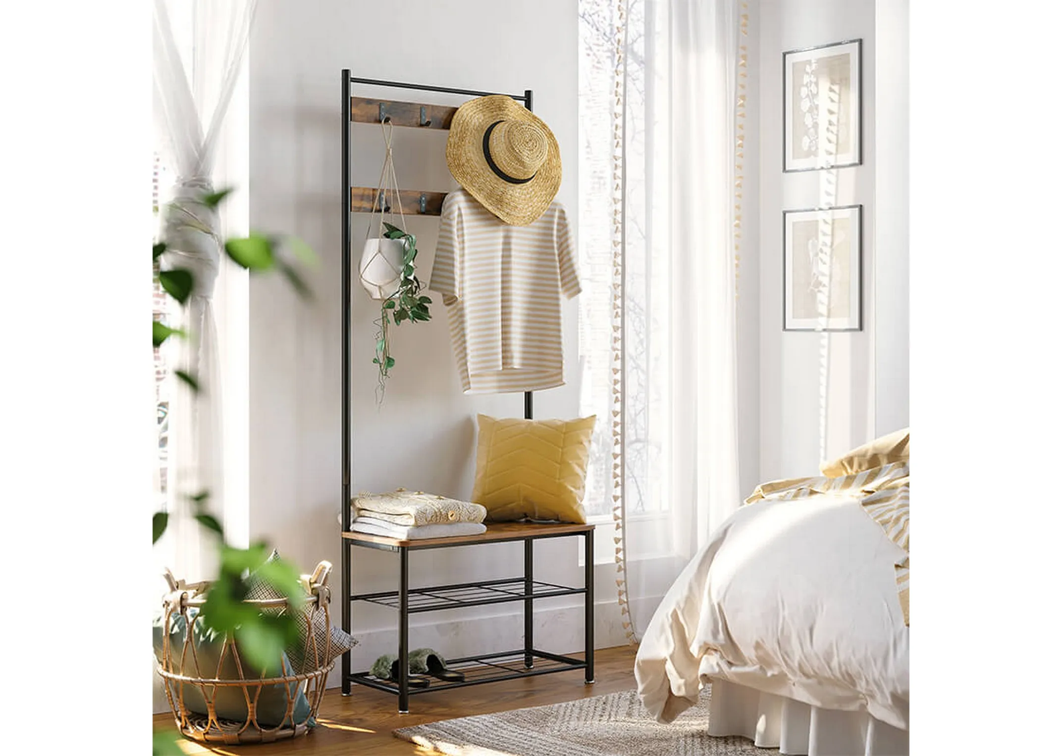 A lifestyle closeup of the shelves on the Grimm bench with room for shoe storage