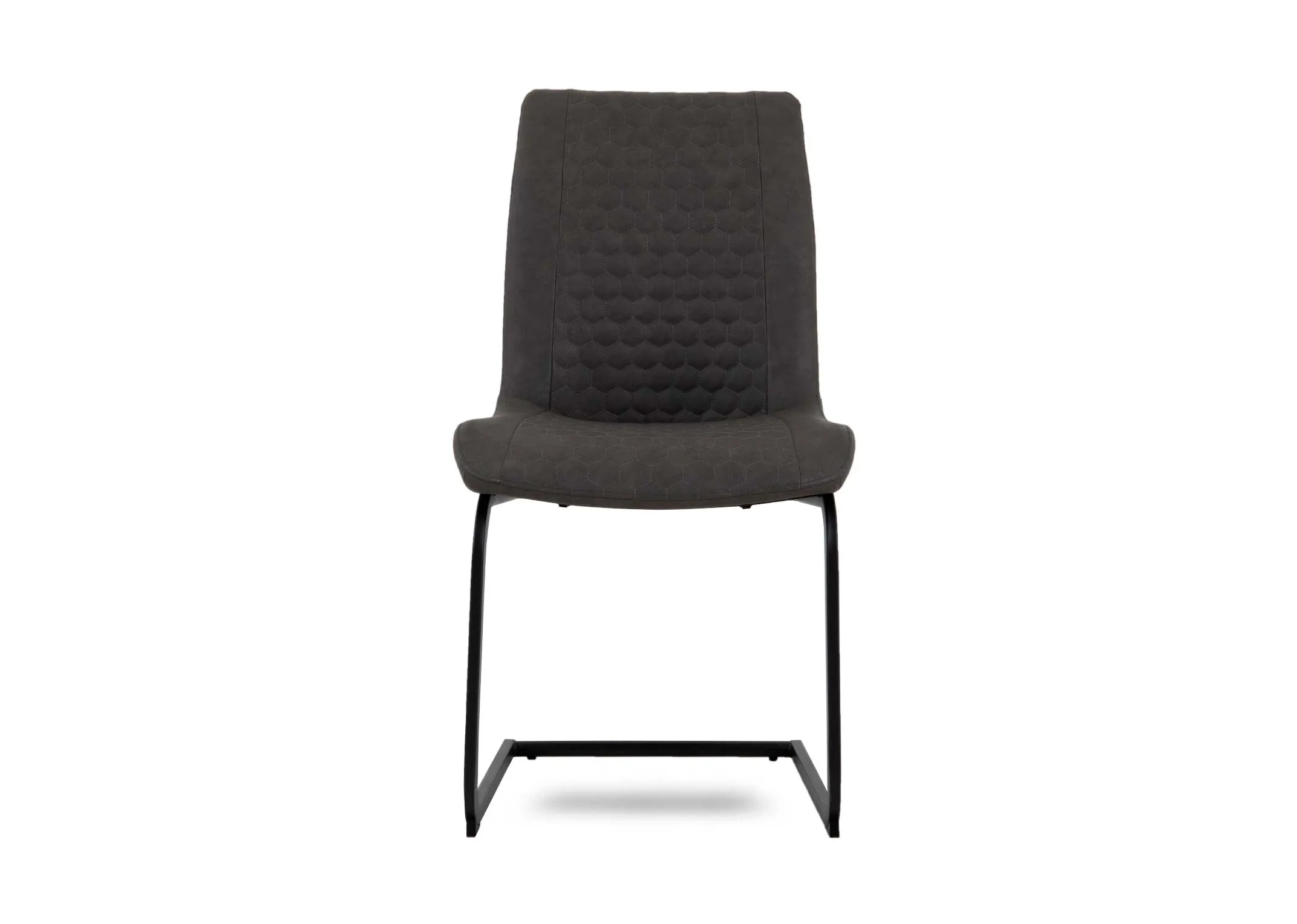 A dark grey faux leather dining chair from EZ Livings Barton Range. Front view of honeycomb pattern on seat and back fabric.