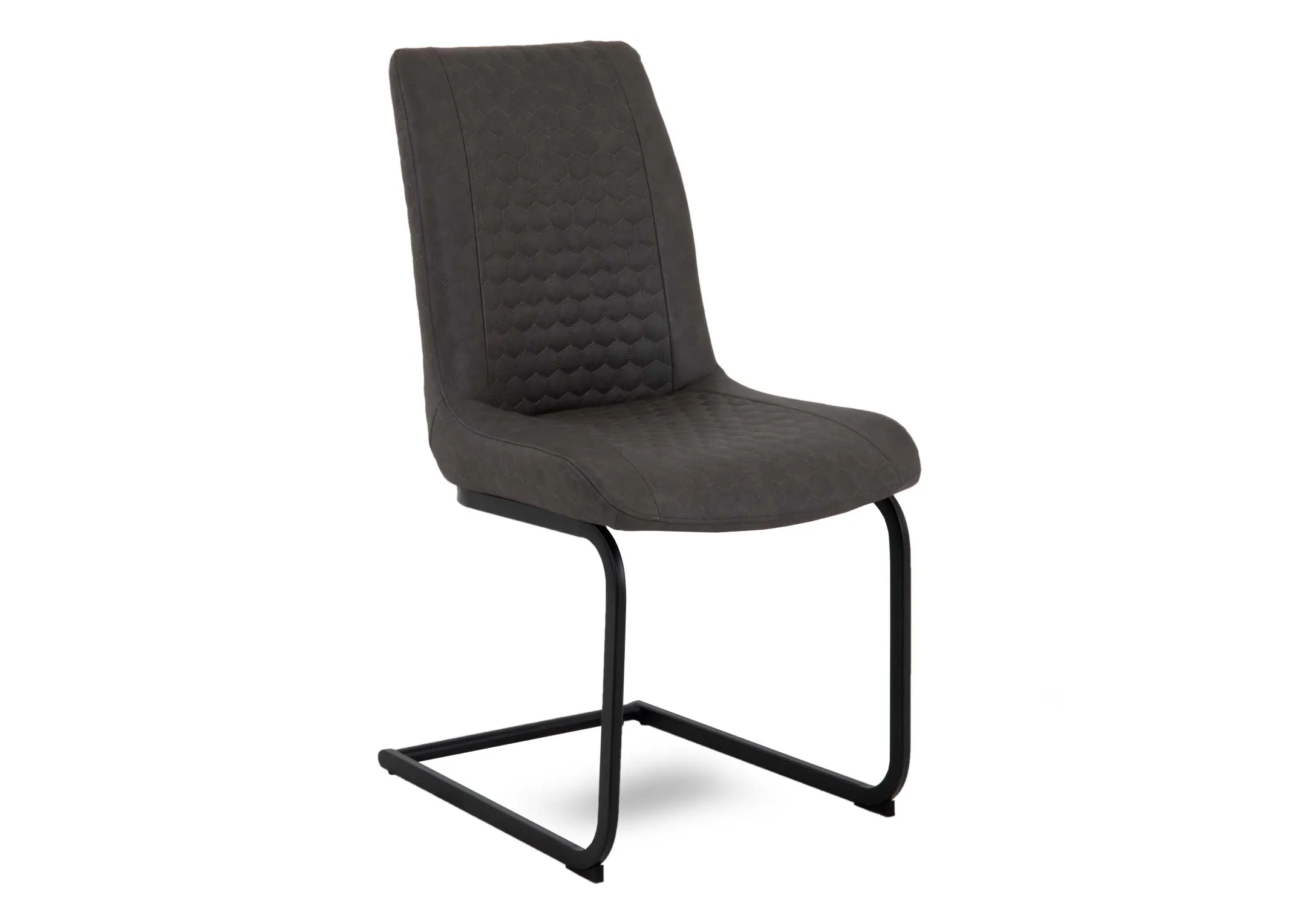 A dark grey faux leather dining chair from EZ Livings Barton Range. Angled view of black metal cantilever frame.
