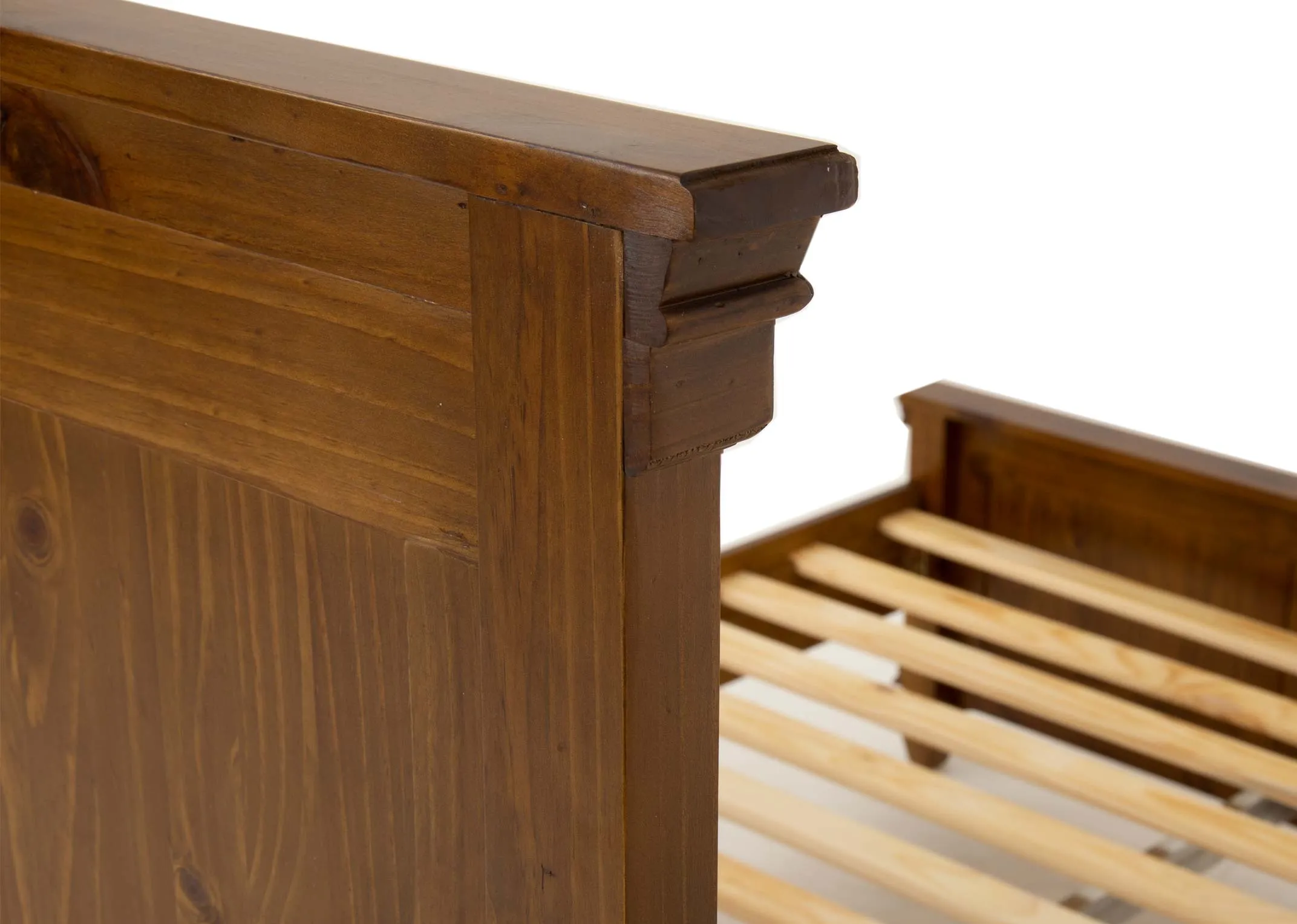 A brown pine bedframe from EZ Livings Allyson range. Back view of wooden slat bedframe for mattress