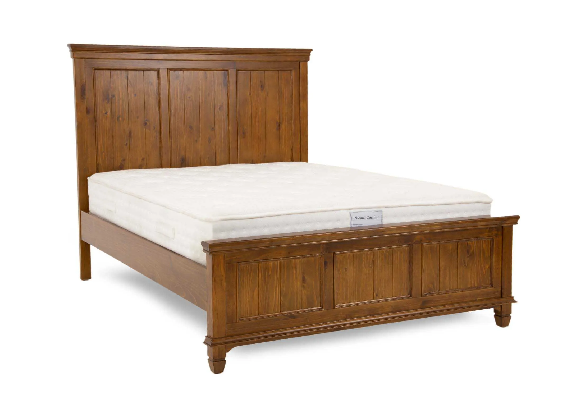 A glossy pine 4ft 6 bedframe with high headboard and footboard from EZ Livings Allyson range. Angled view of 3 panels on head and footboard.