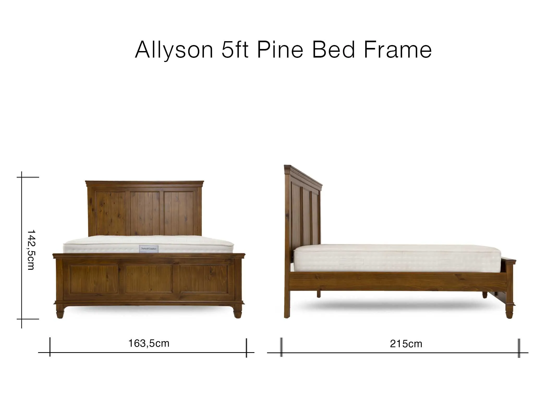 A dimension image of the Allyson 5ft Bedframe with 163.5cm x 215cm x 142.5cm H