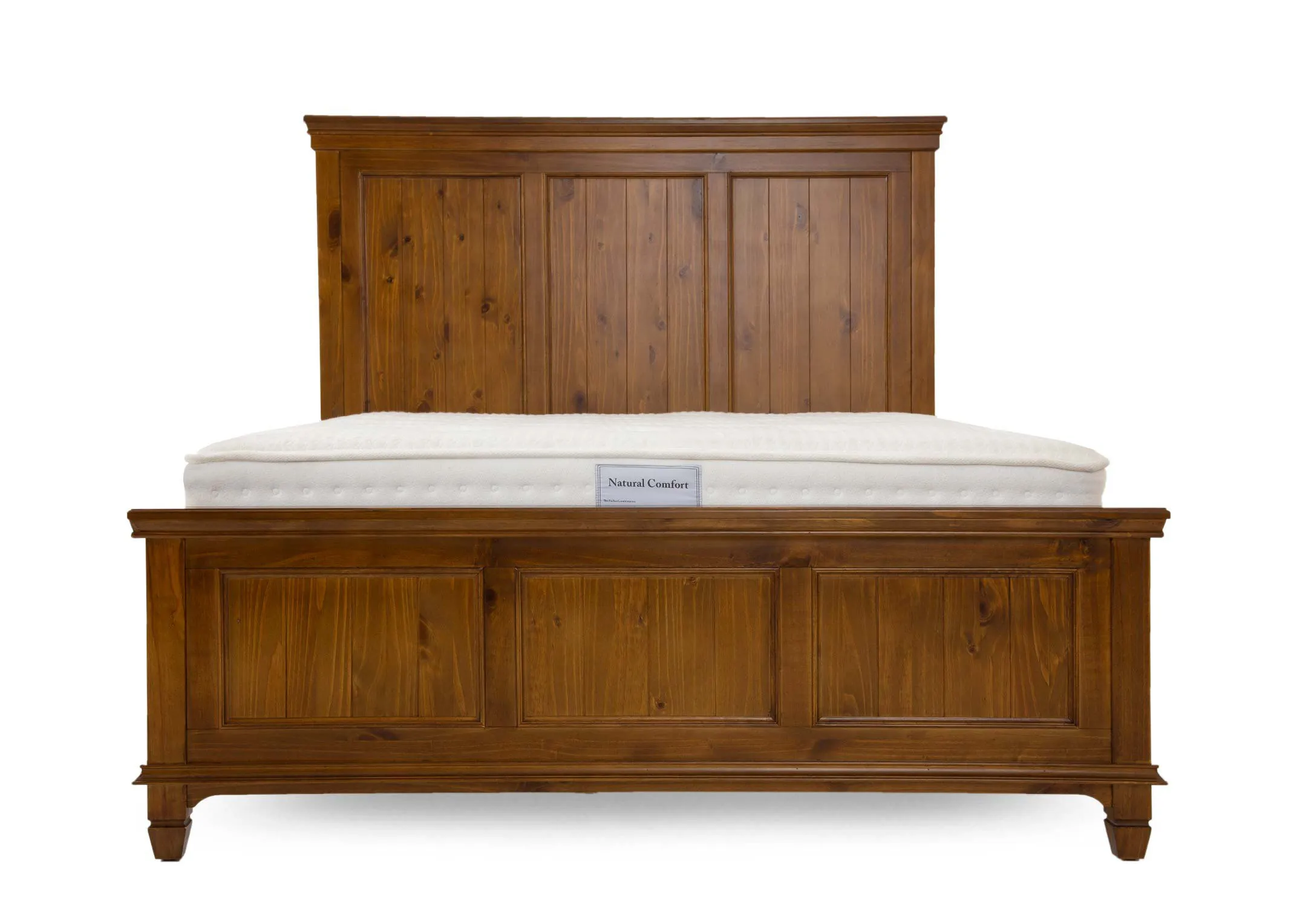 A glossy pine 4ft 6 bedframe with high headboard and footboard from EZ Livings Allyson range. Front view of 3 panels in foot and headboard