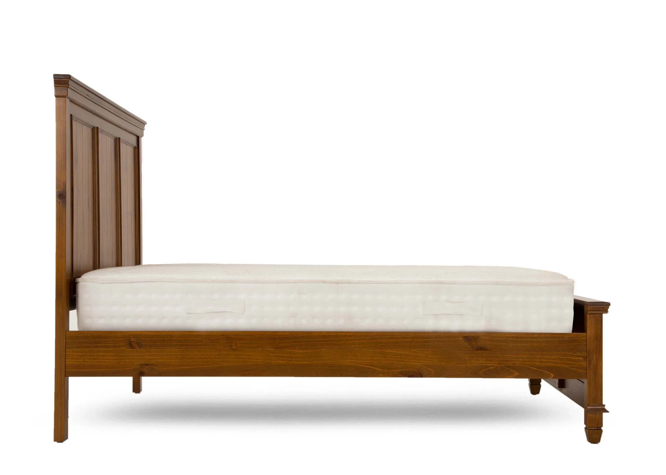 A glossy pine 4ft 6 bedframe with high headboard and footboard from EZ Livings Allyson range. Side view of high feet