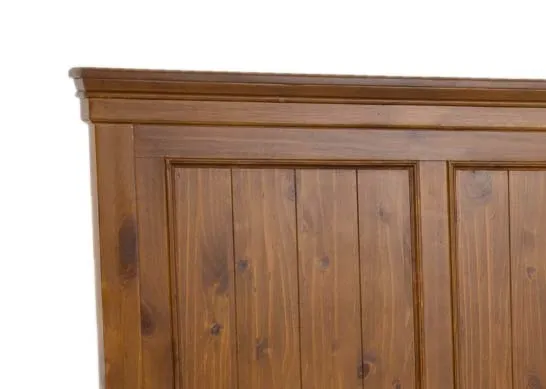 A brown pine bedframe from EZ Livings Allyson range. Angled view of high framed headboard & footboard.Clsoeup of panels on headboard