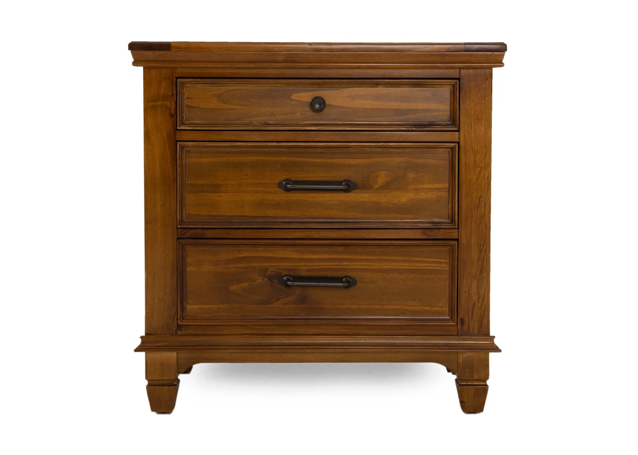 A brown pine wood 3 drawer locker from EZ Livings Allyson range. Front view of brass handles on drawers