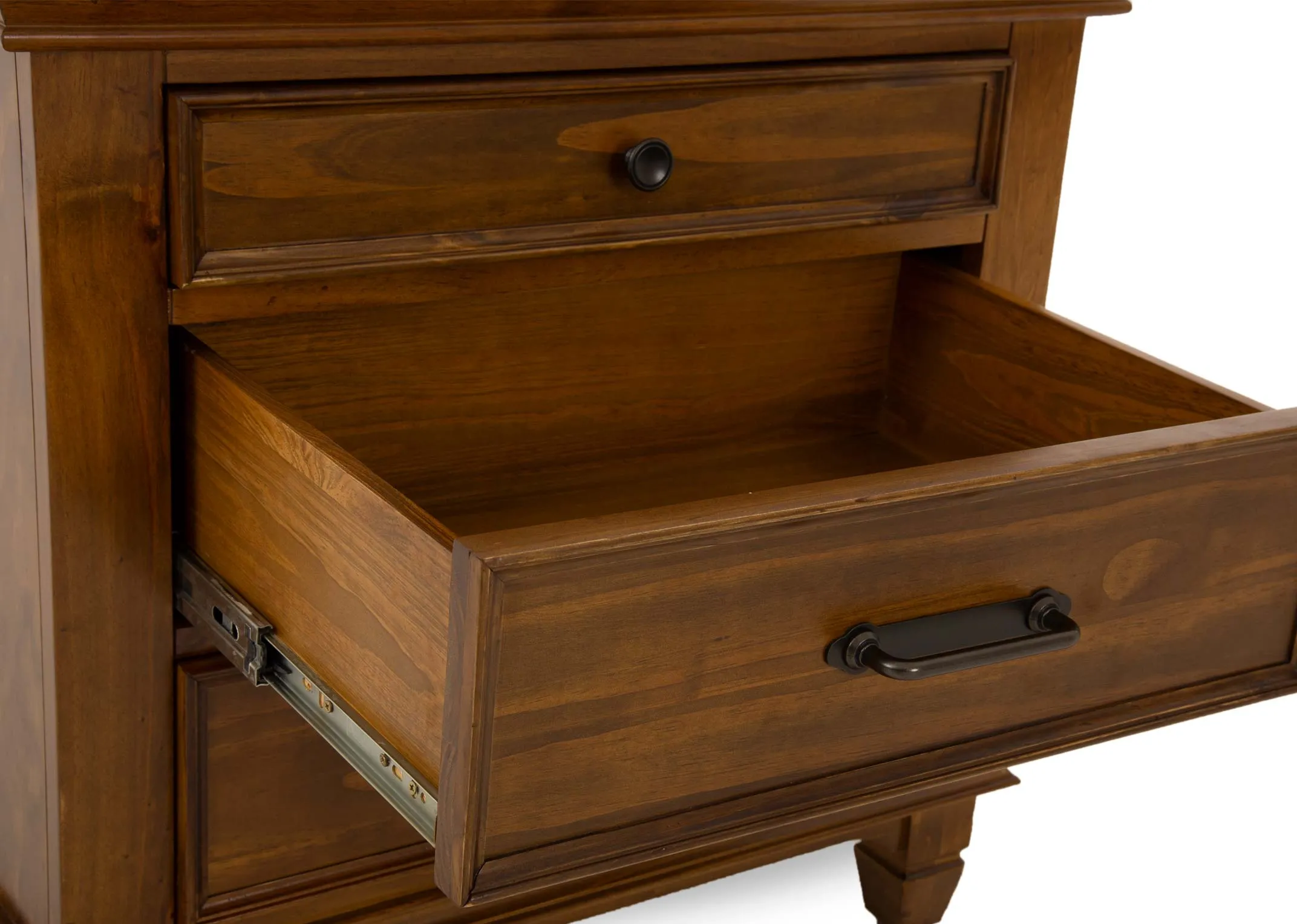 A brown pine wood 3 drawer locker from EZ Livings Allyson range. Closeup of open drawer with double extension runner