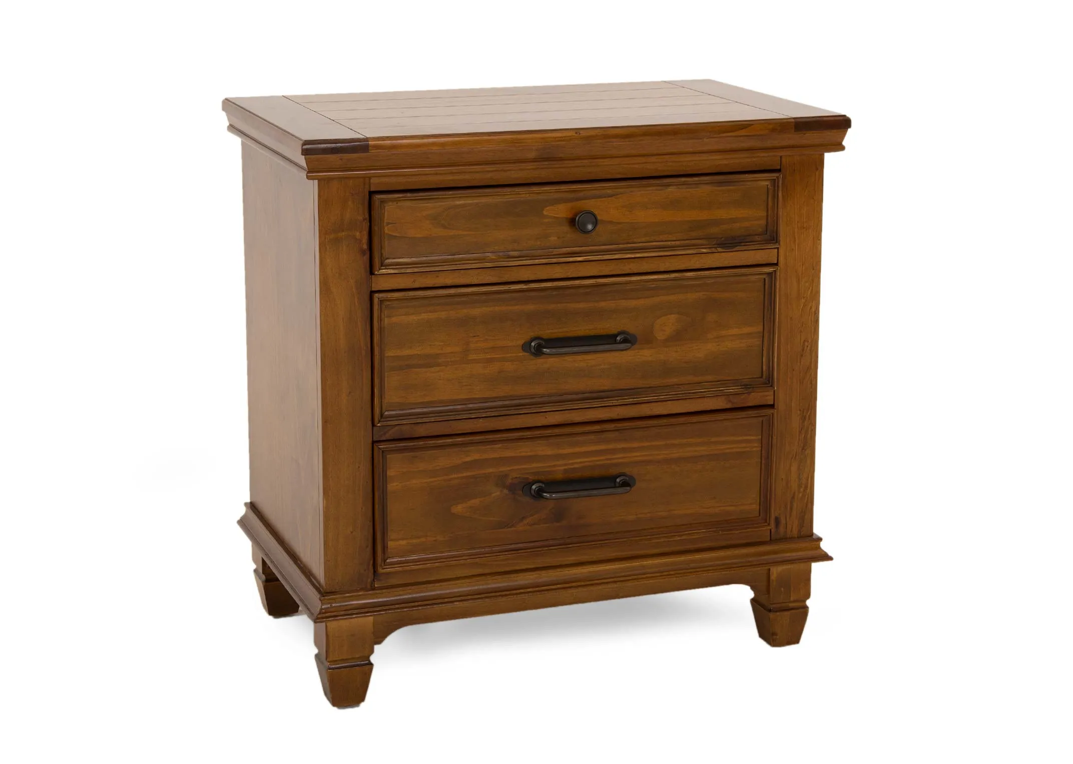 A brown pine wood 3 drawer locker from EZ Livings Allyson range. Angled view of small feet and gloss finish.