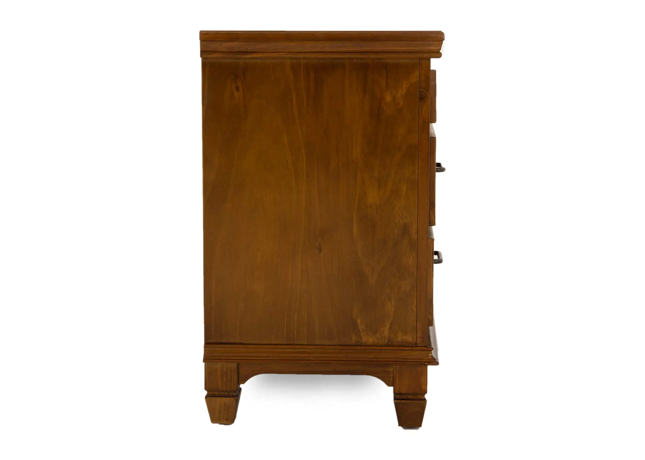 A brown pine wood 3 drawer locker from EZ Livings Allyson range. Side view of high feet