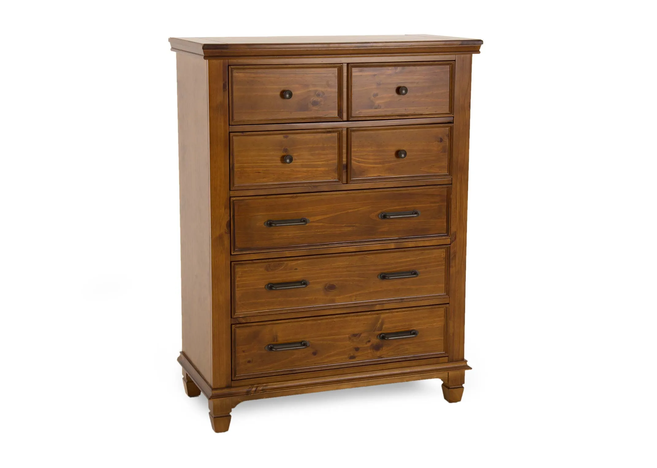A brown pine wood 5 drawer chest from EZ Livings Allyson range. Angled view of glossy wood finish