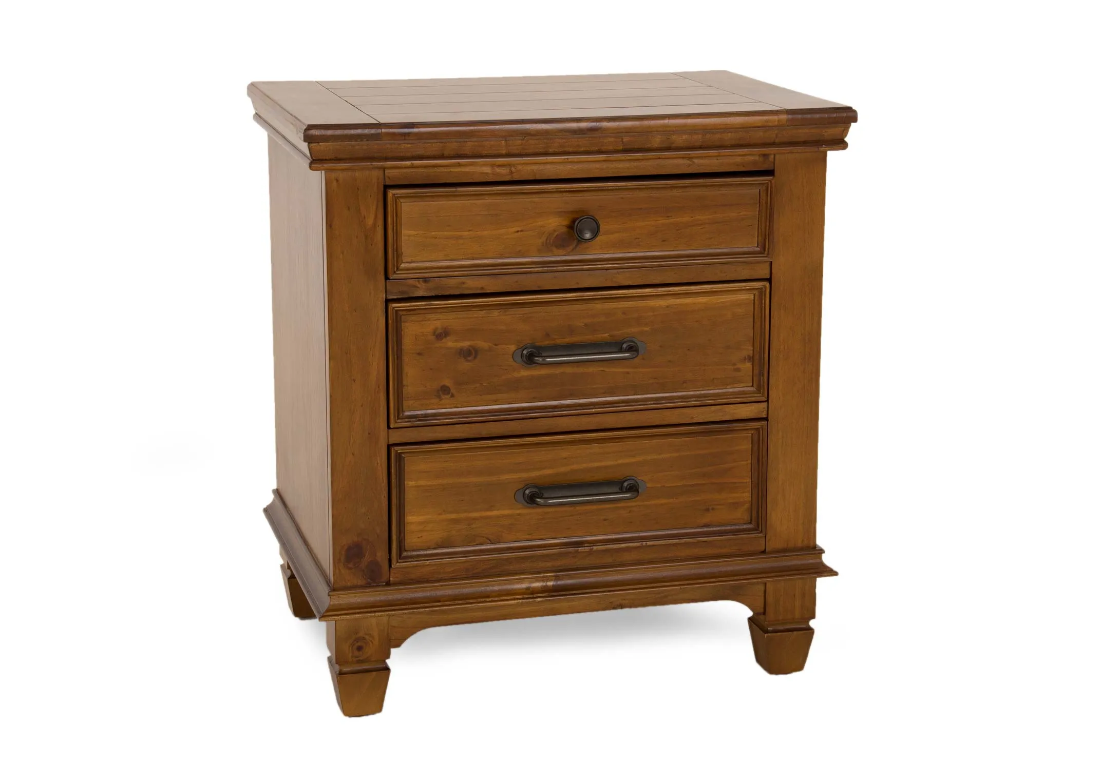 A 3 drawer pine bedside locker from EZ Livings Allyson range. Angled view of small feet and 3 brass handles