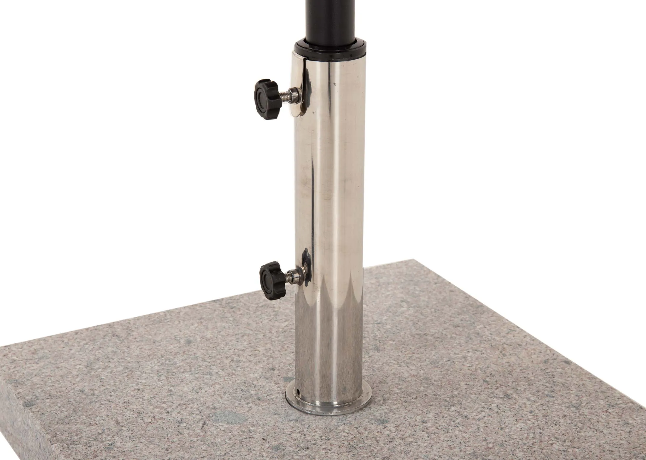 A grey garden parasol with granite basefrom EZ Livings Seville range. Closeup of silevr pole and adjustable height