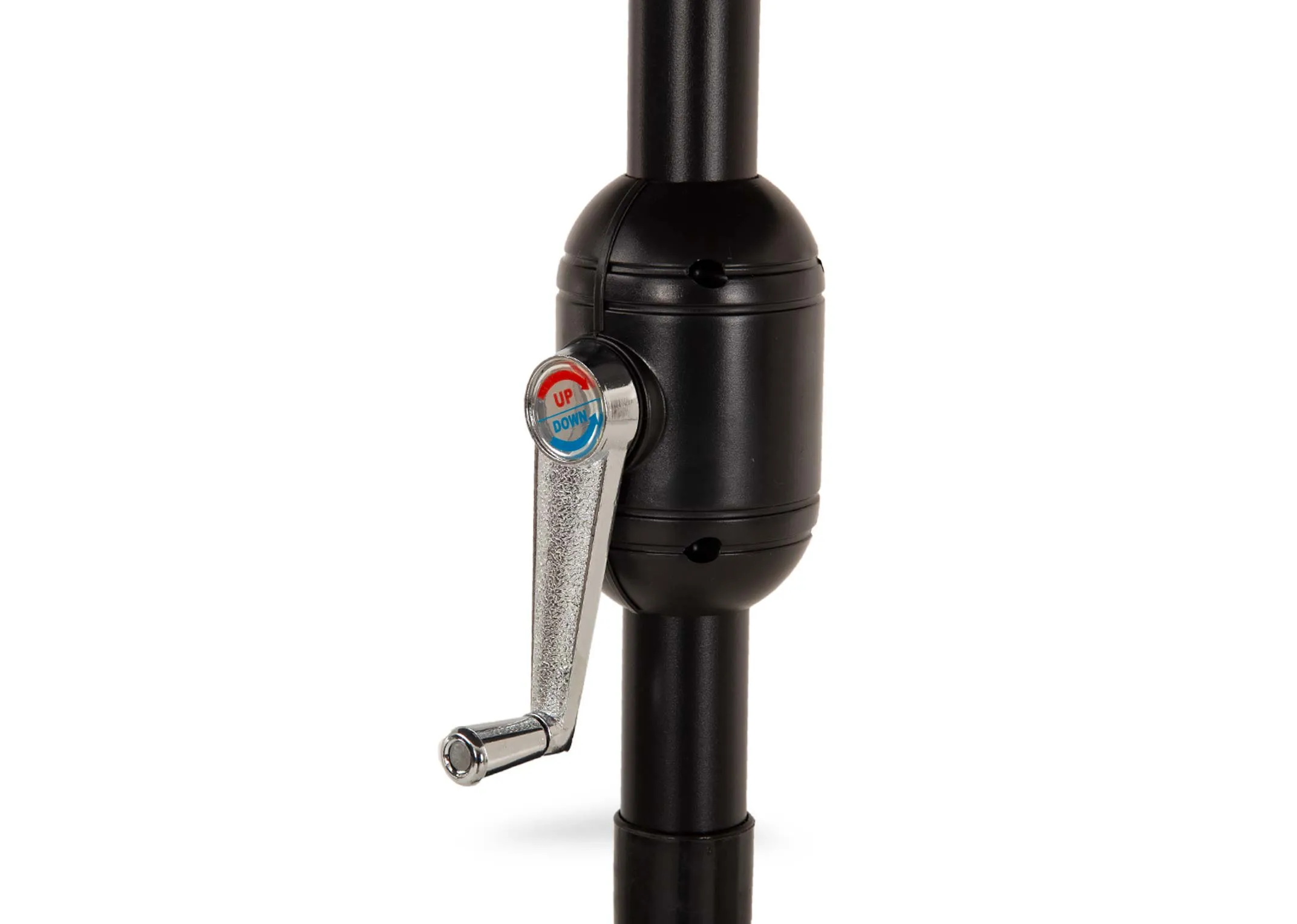 A grey garden parasol with granite basefrom EZ Livings Seville range. Closeup of handle for putting umbrella up and down