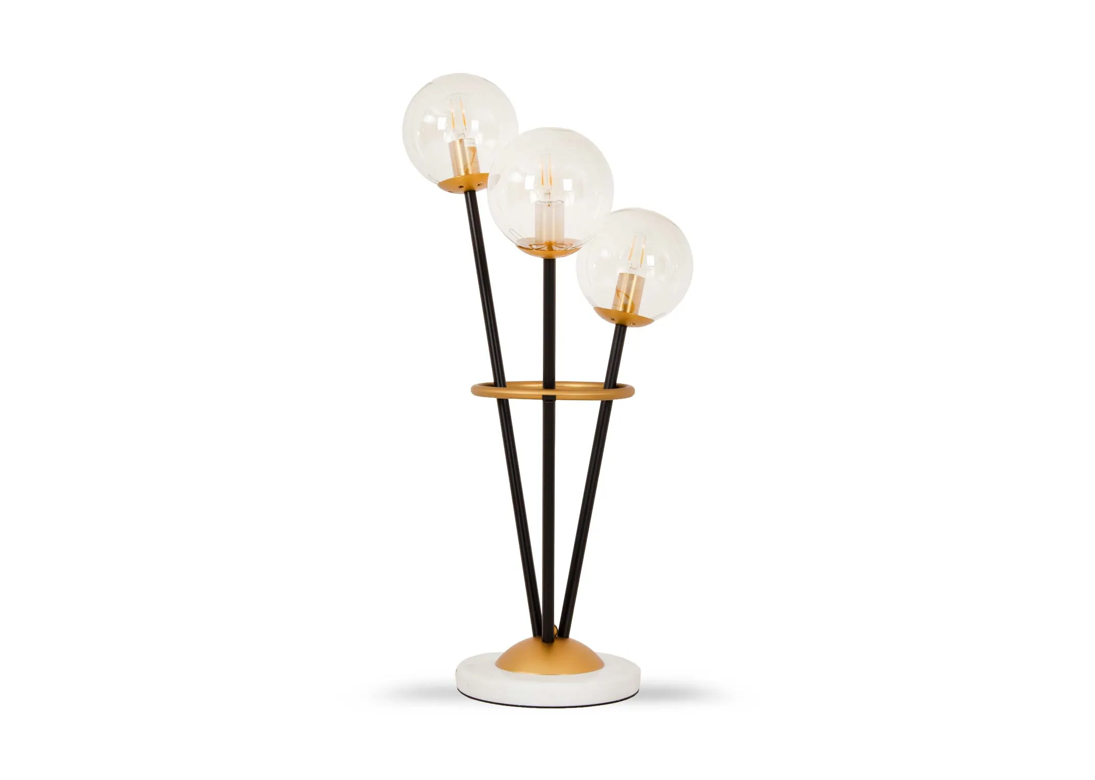 A metal table lamp with 3 round bulbs from EZ Livings Ortez range. Angled view of white base with black stems and bulbs