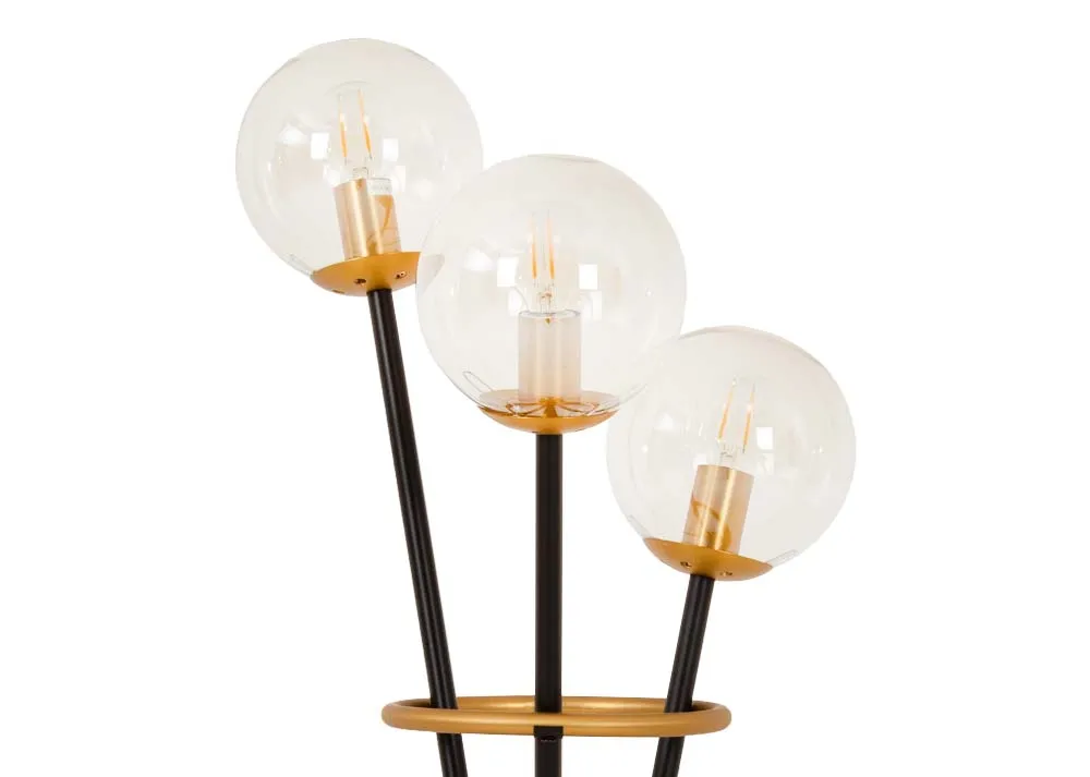 A metal table lamp with 3 round bulbs from EZ Livings Ortez range. Closeup of black cable with inline switch