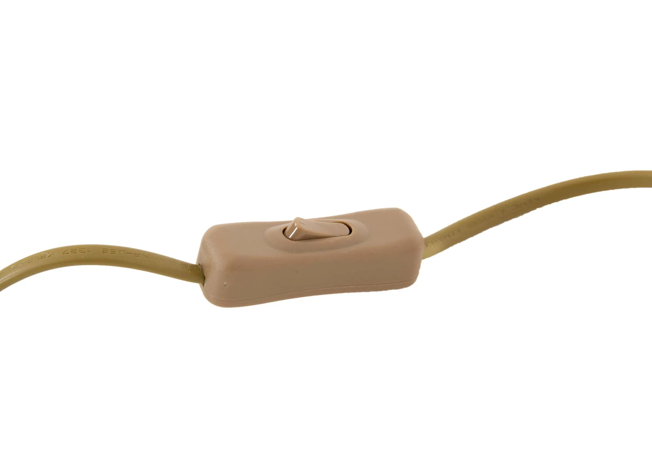 A gold arc metal table lamp from EZ Livings Casper range. Closeup of gold inline switch