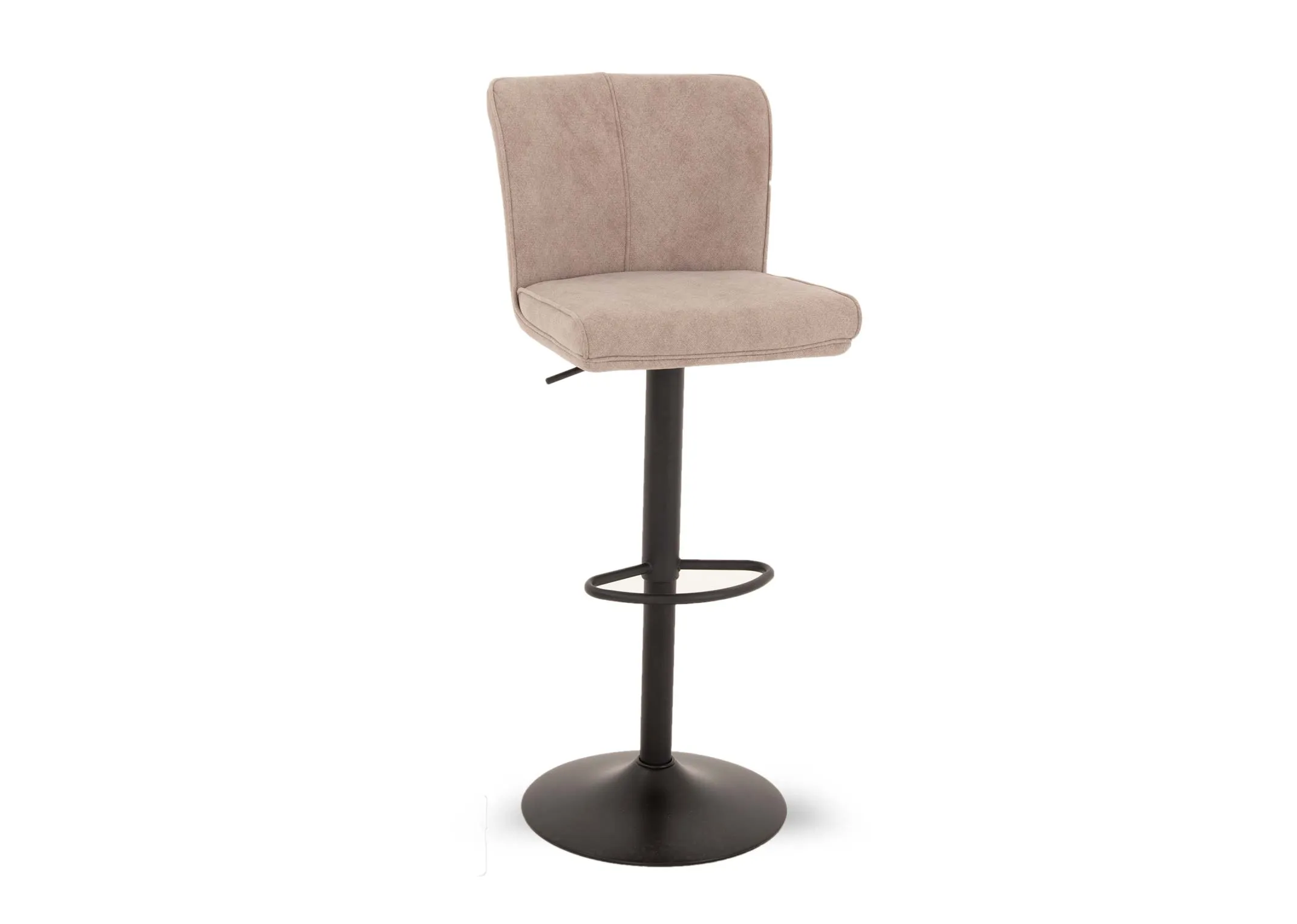 A biscuit grey fabric swivel bar stool from EZ Livings Maple range. Angled view of black round metal base