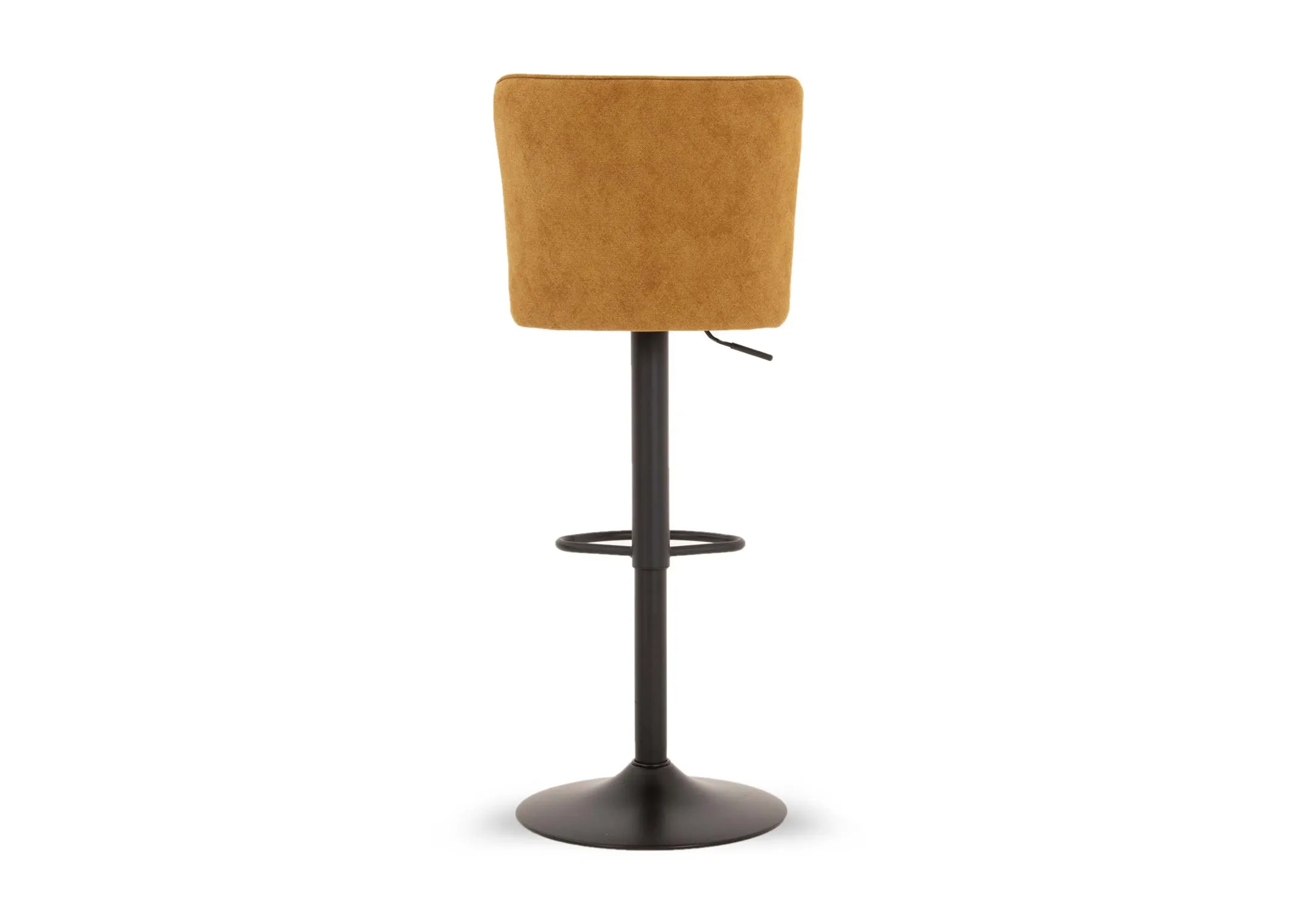 A mustard fabric swivel bar stool from EZ Livings Maple range. Back view of supportive back rest and metal foot wrung that extends to front.