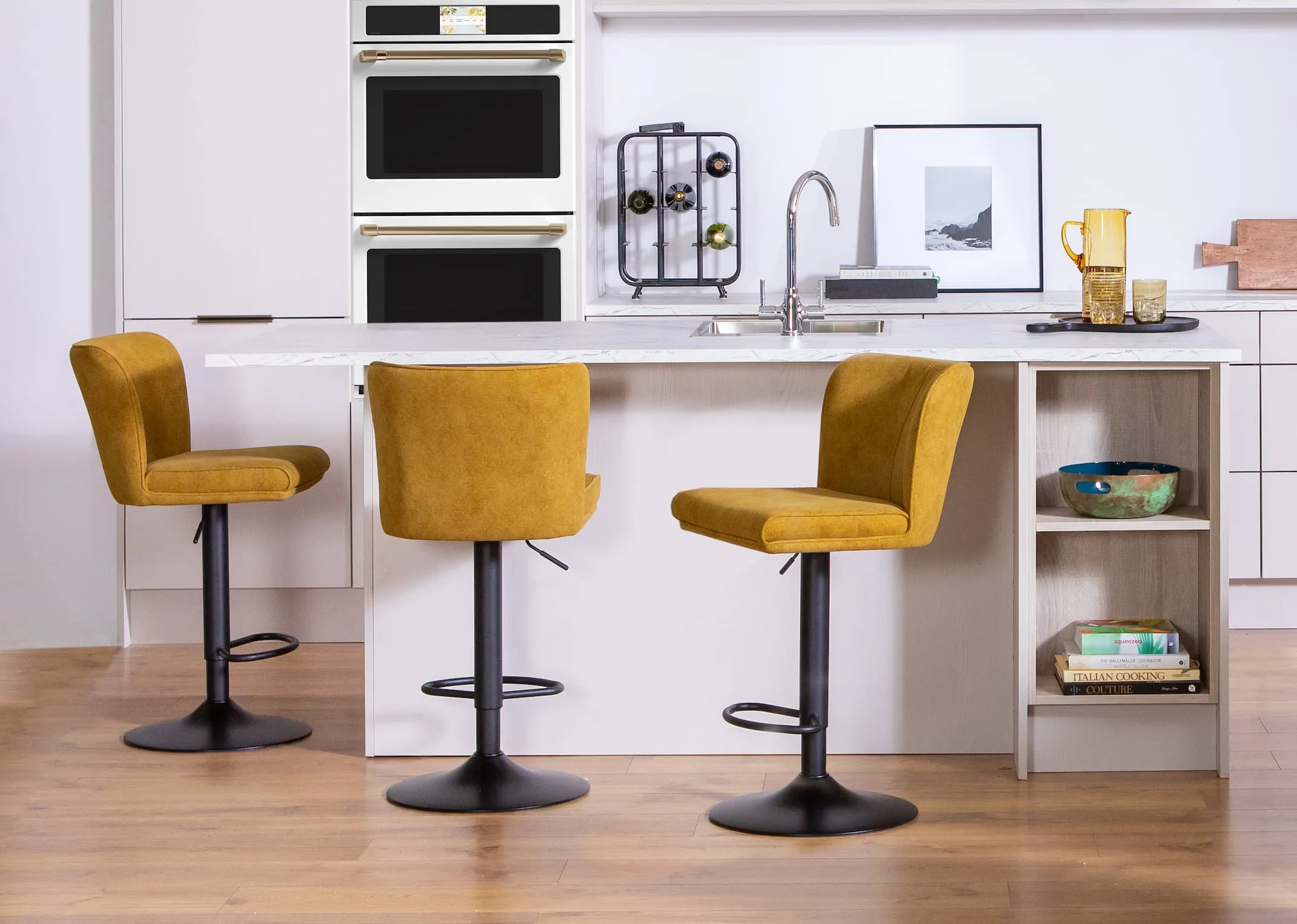 Mustard Fabric Swivel Bar Stool- Maple