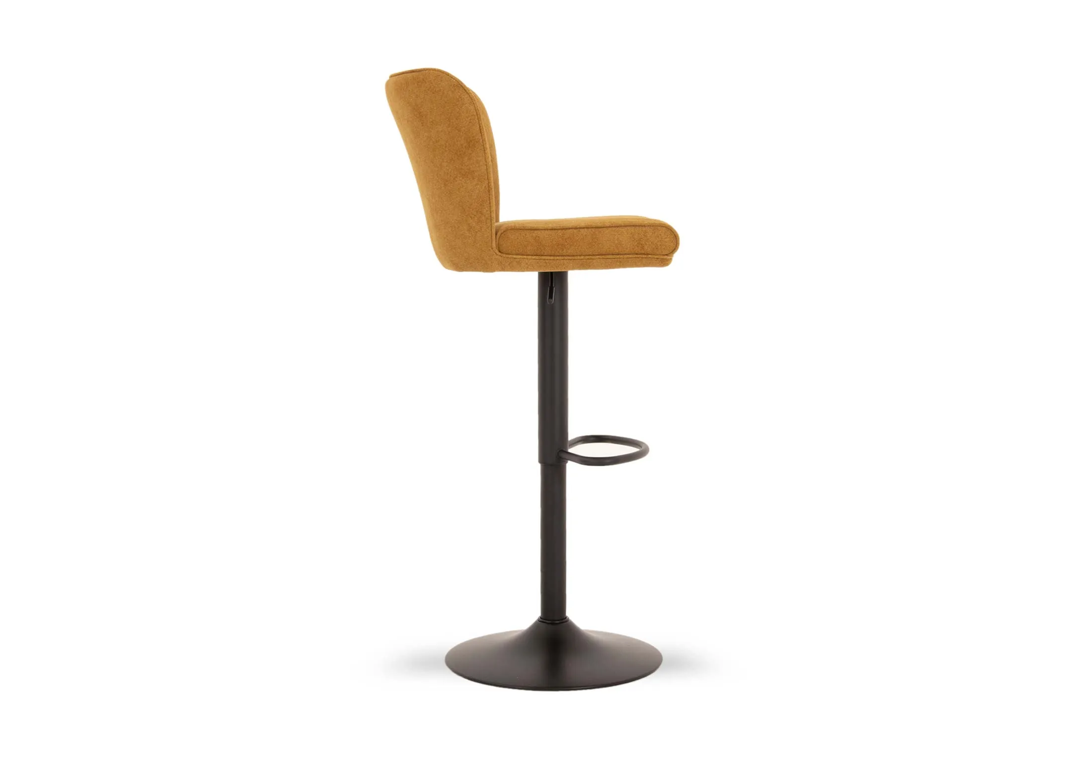 A mustard yellow fabric swivel bar stool from EZ Livings Maple range. Side view of fabric detail and metal lever control under seat.