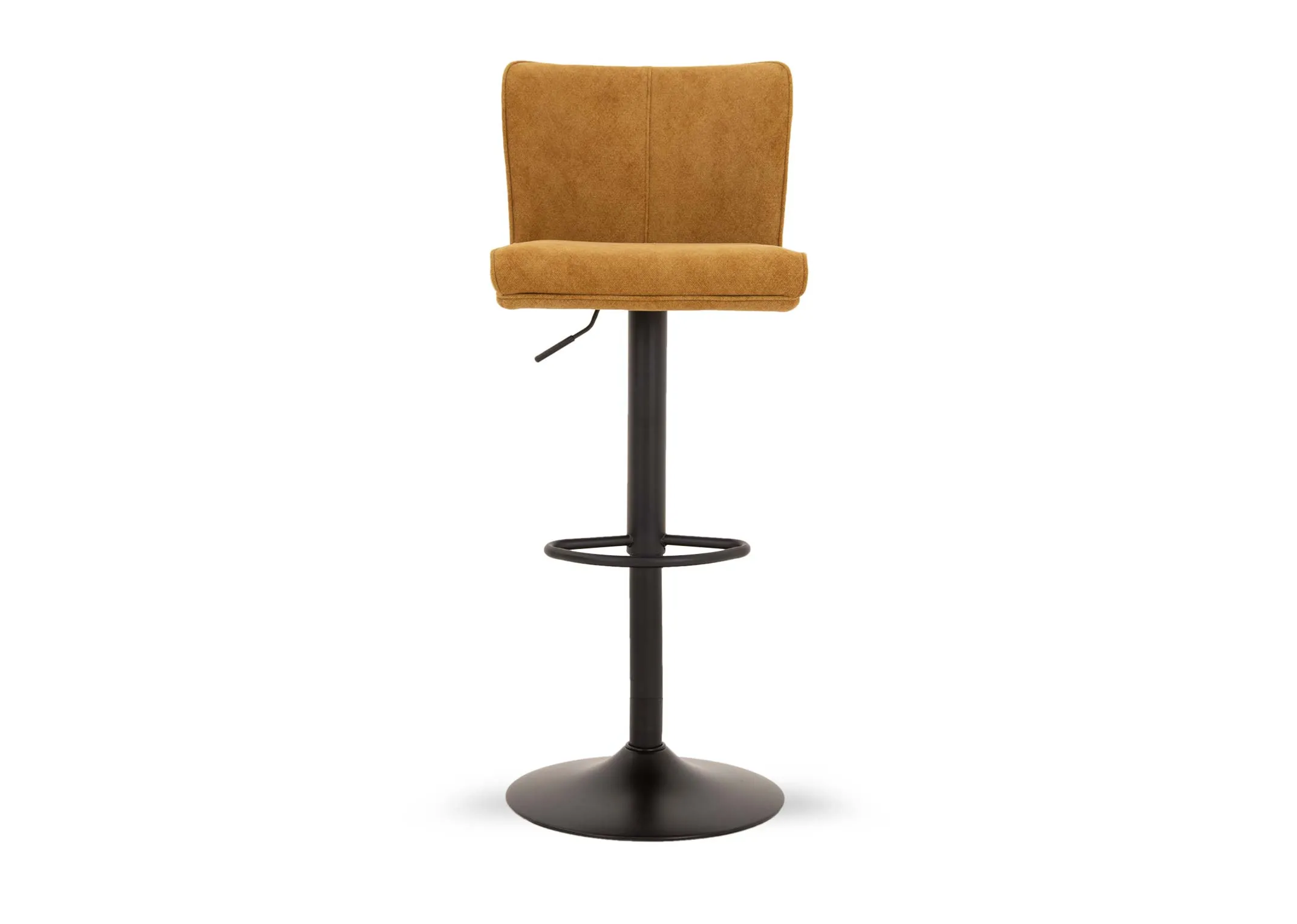 A mustard yellow fabric swivel bar stool from EZ Livings Maple range. Front view of round metal rung & level under seat.