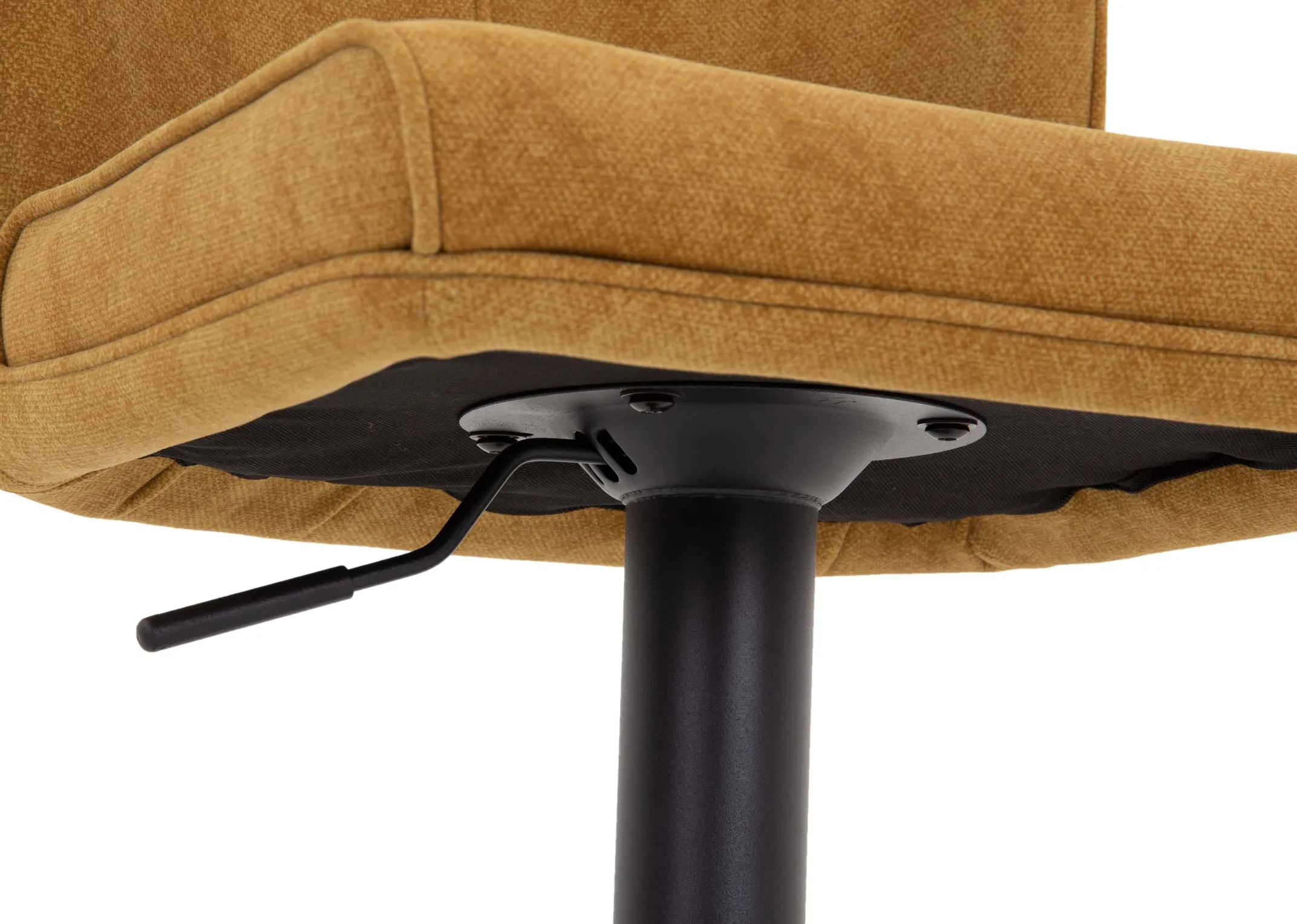 A yellow fabric swivel bar stool from EZ Livings Maple range. Closeup of fabric detail and metal lever cntrol under seat.
