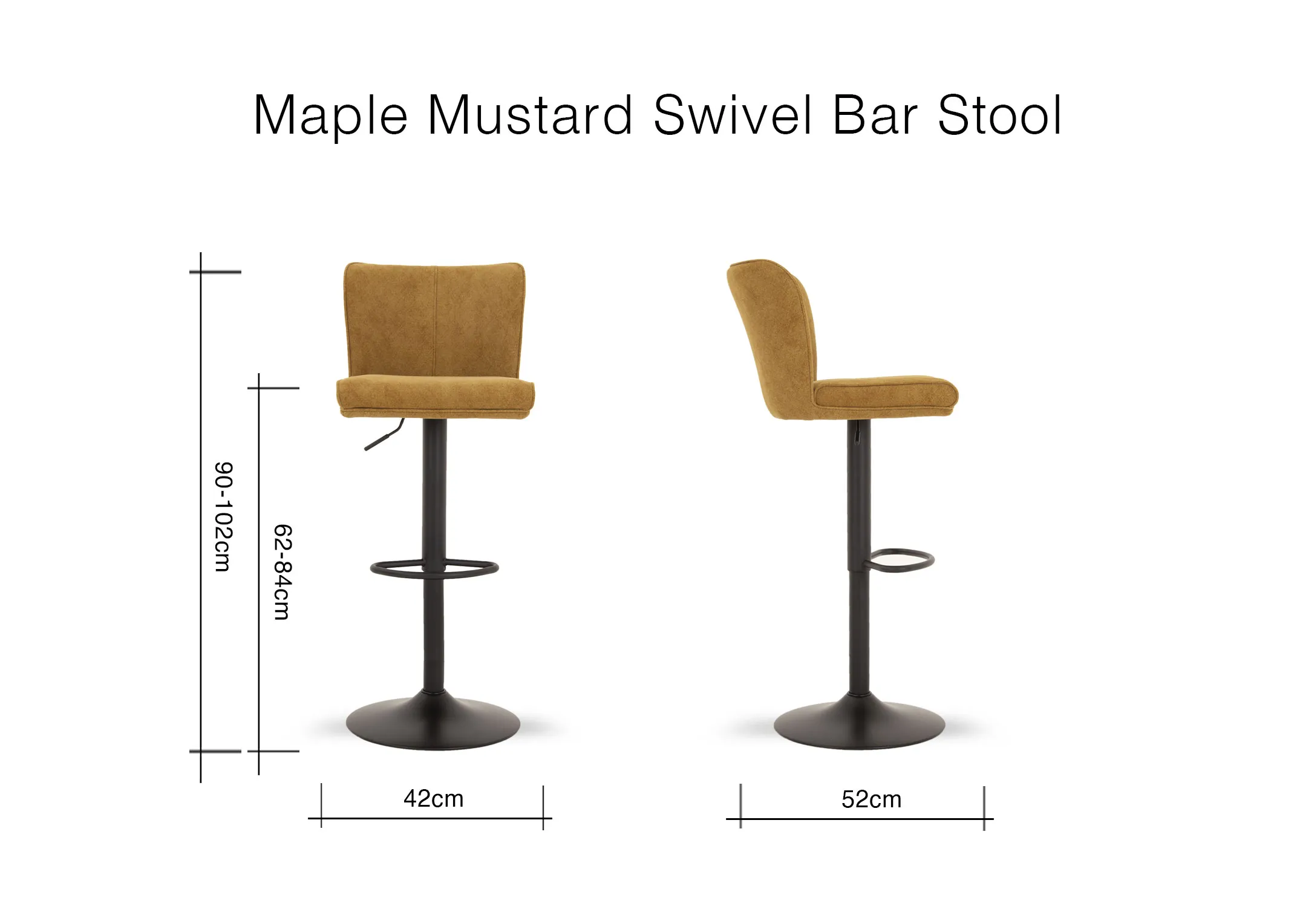 A dimension image of the Maple Bar Stool with 42cm x 52cm x 90cm-102cmH